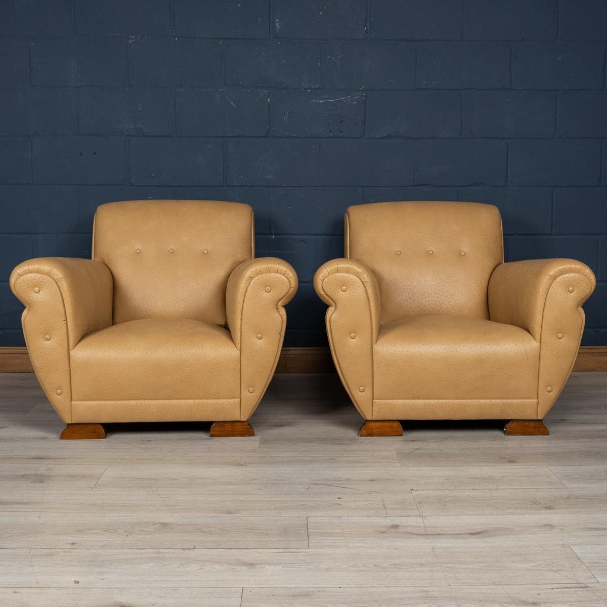 Other A 20th Century Pair Of English Beige Faux Ostrich Skin Leather Armchairs c.1960