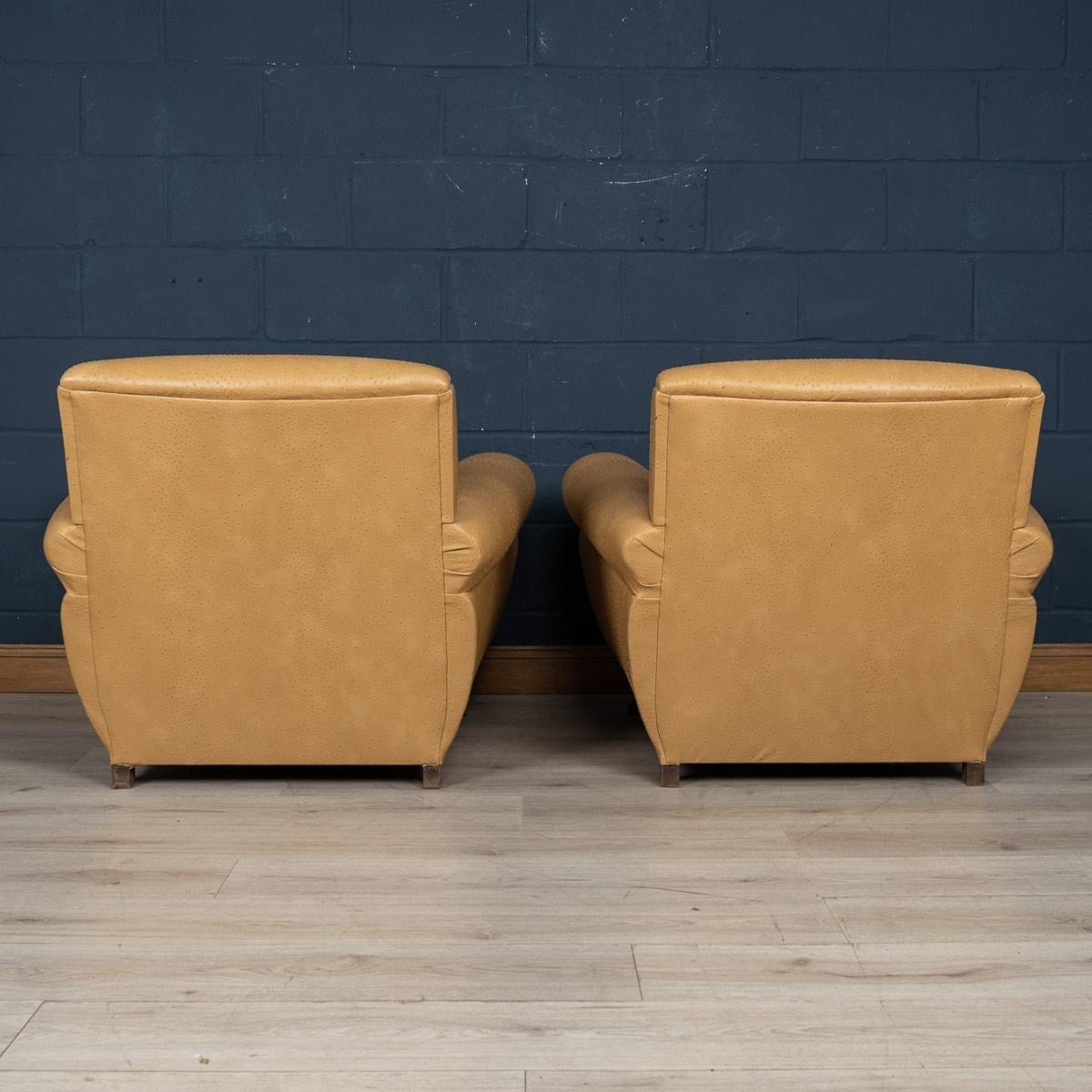 A 20th Century Pair Of English Beige Faux Ostrich Skin Leather Armchairs c.1960 In Good Condition In Royal Tunbridge Wells, Kent