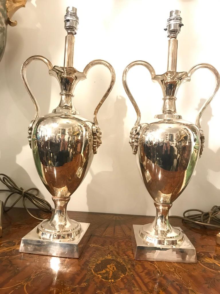 A 20th century pair of silver plated rams head urns lamps with scroll handle arms. Beautifully highly polished would look fabulous with a simple pleated lampshade.