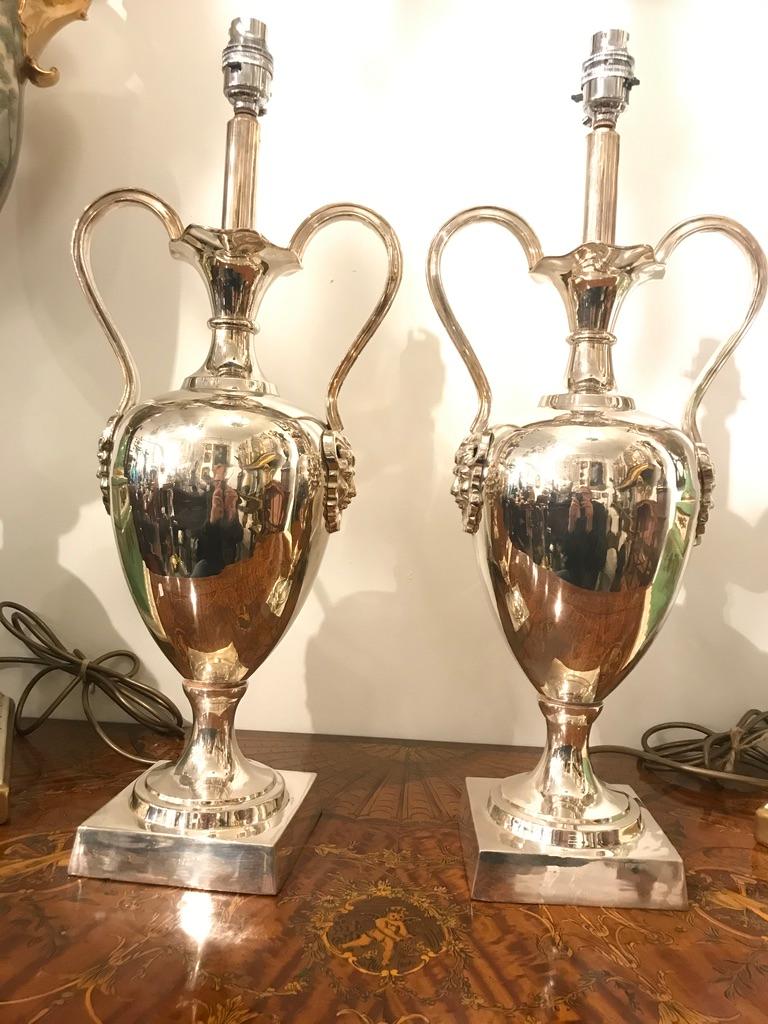 20th Century Pair of Silver Plated Rams Head Urns Lamps For Sale 4