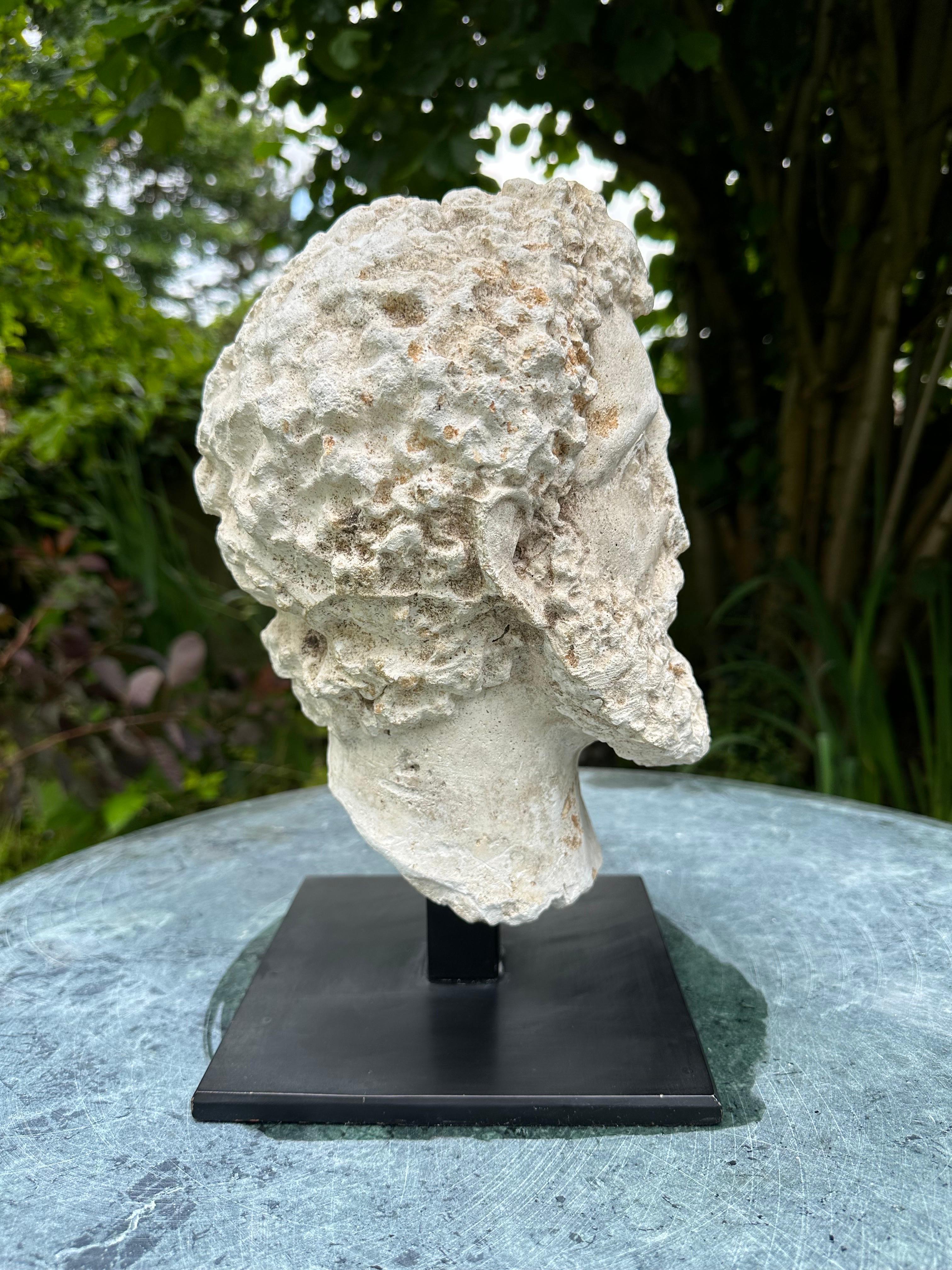 A fine cast of a 20th century, plaster Roman head possibly Caesar. Standing on a contemporary metal stand.