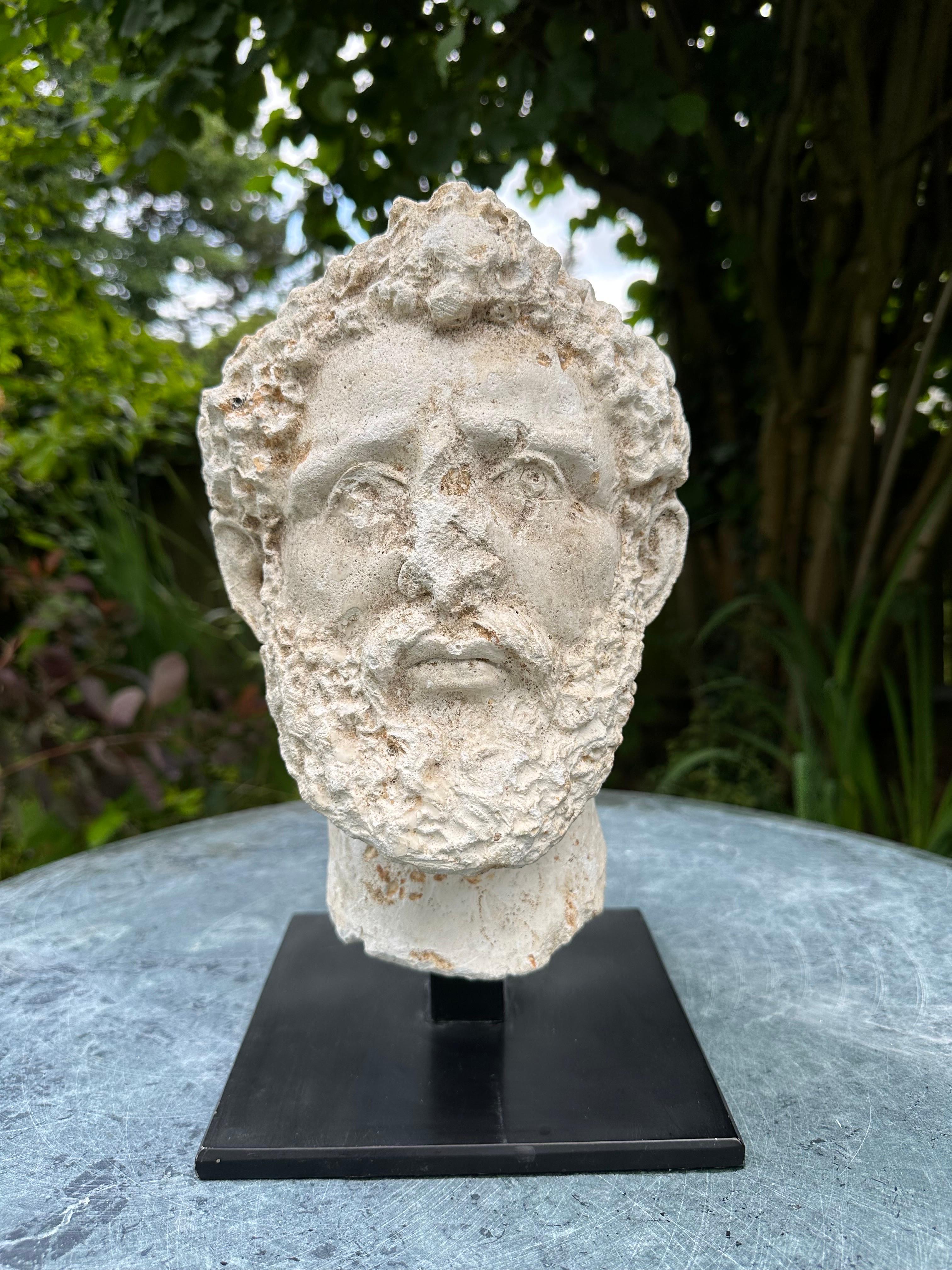A 20th century plaster  head of a Roman God. In Distressed Condition For Sale In Southall, GB