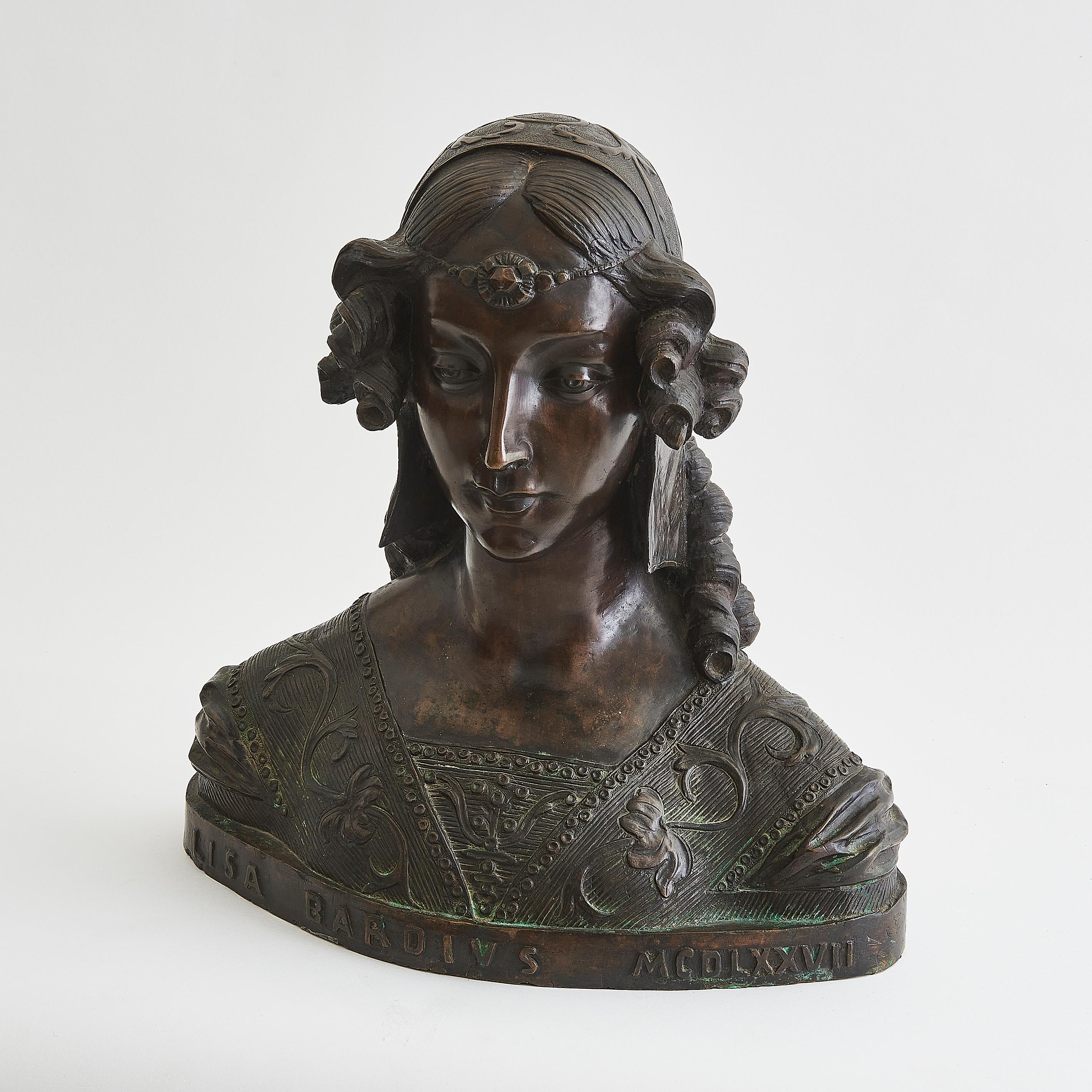 Uno splendido busto in bronzo finemente lavorato che raffigura una nobildonna in stile rinascimentale.

Questa affascinante scultura è un superbo esempio di arte neoclassica del XIX secolo, che riflette il fascino dell'epoca per i temi classici e la