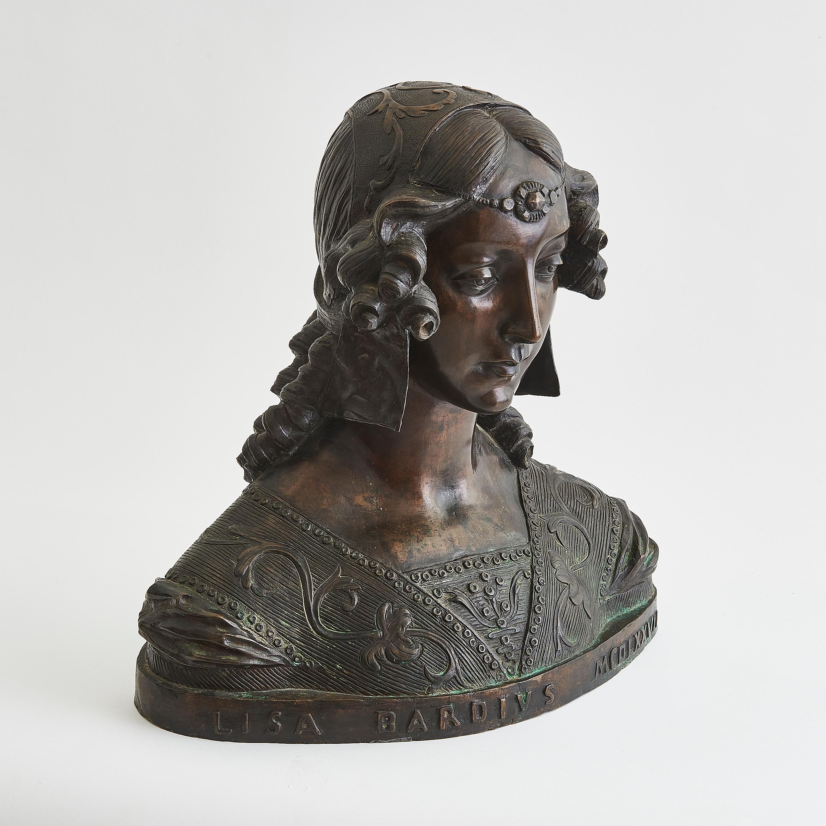 Rinascimento A 20th Century Renaissance Style Patinated Bronze 'Lisa Bardivs 1477' Bust in vendita