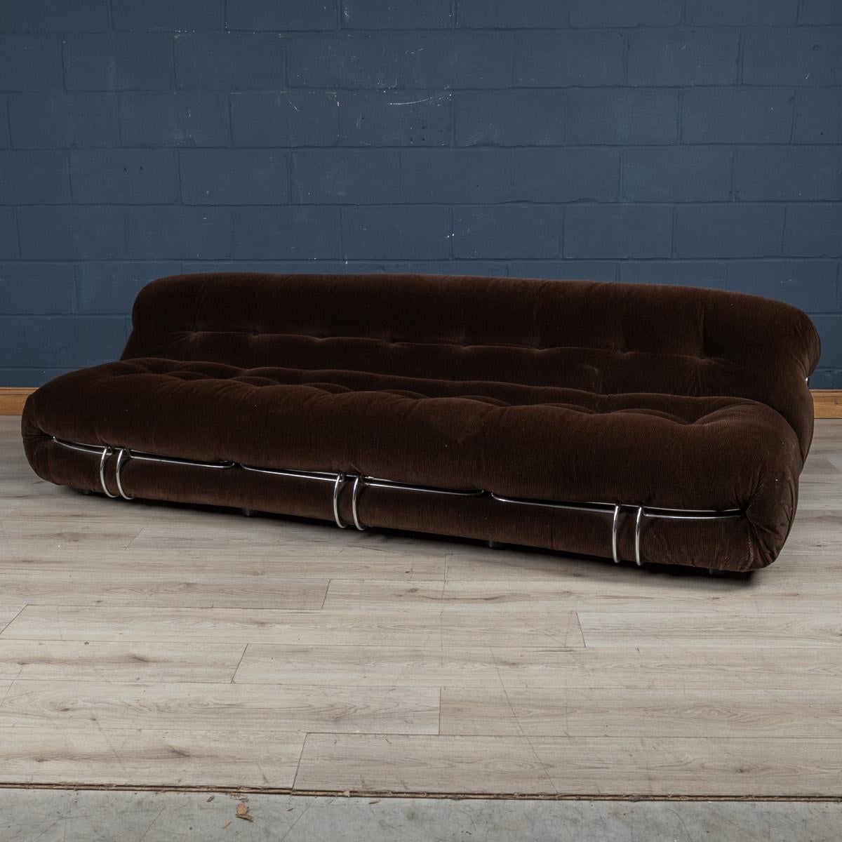 A massive “Soriana“ sofa by Tobia Scarpa for Cassina, made in Italy around the latter part of the 20th century. Finished in a very rare dark brown colour fabric, it is lovely way to bring sophistication and elegance to any interior setting, working