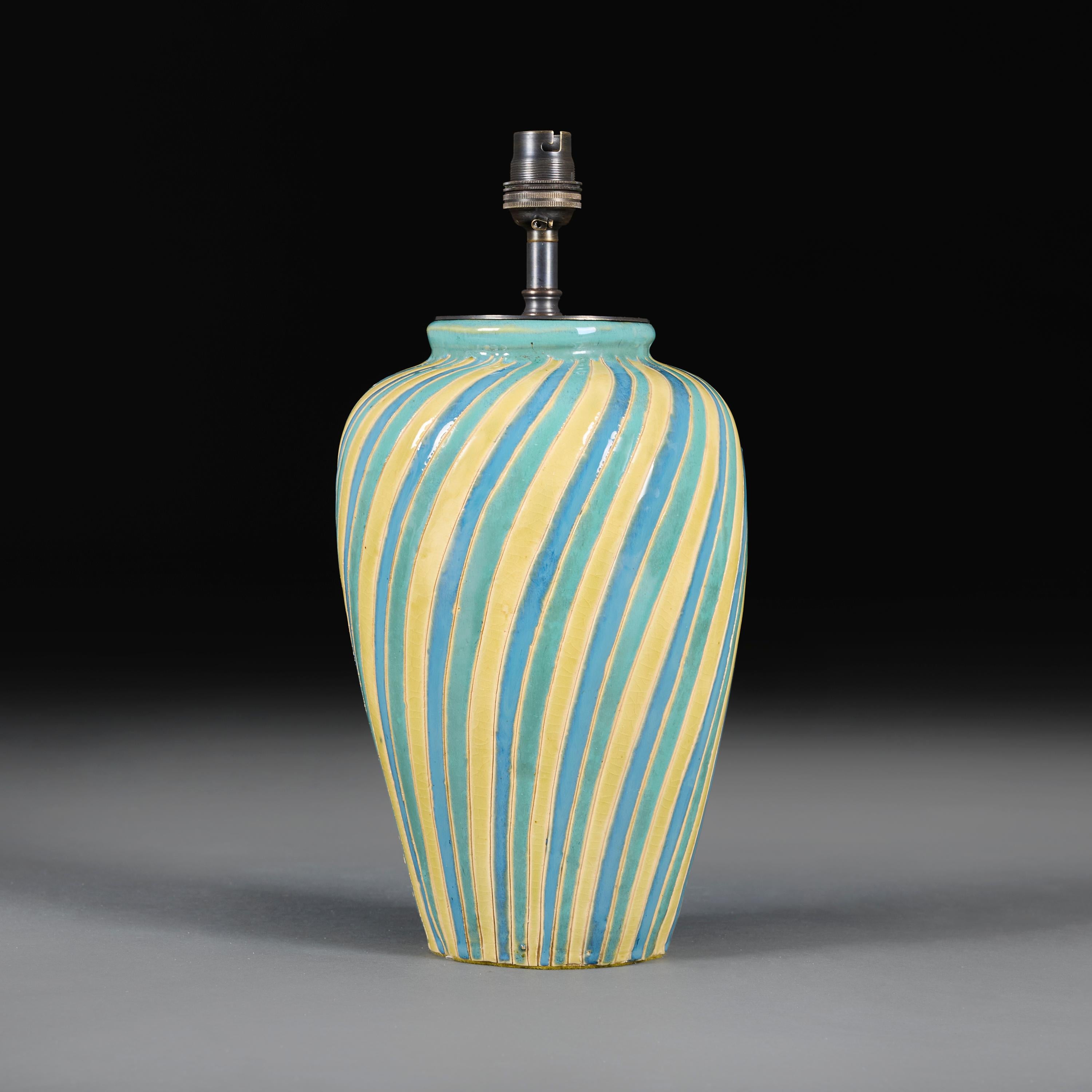 French A 20th Century Swirling Striped Art Pottery Lamp For Sale