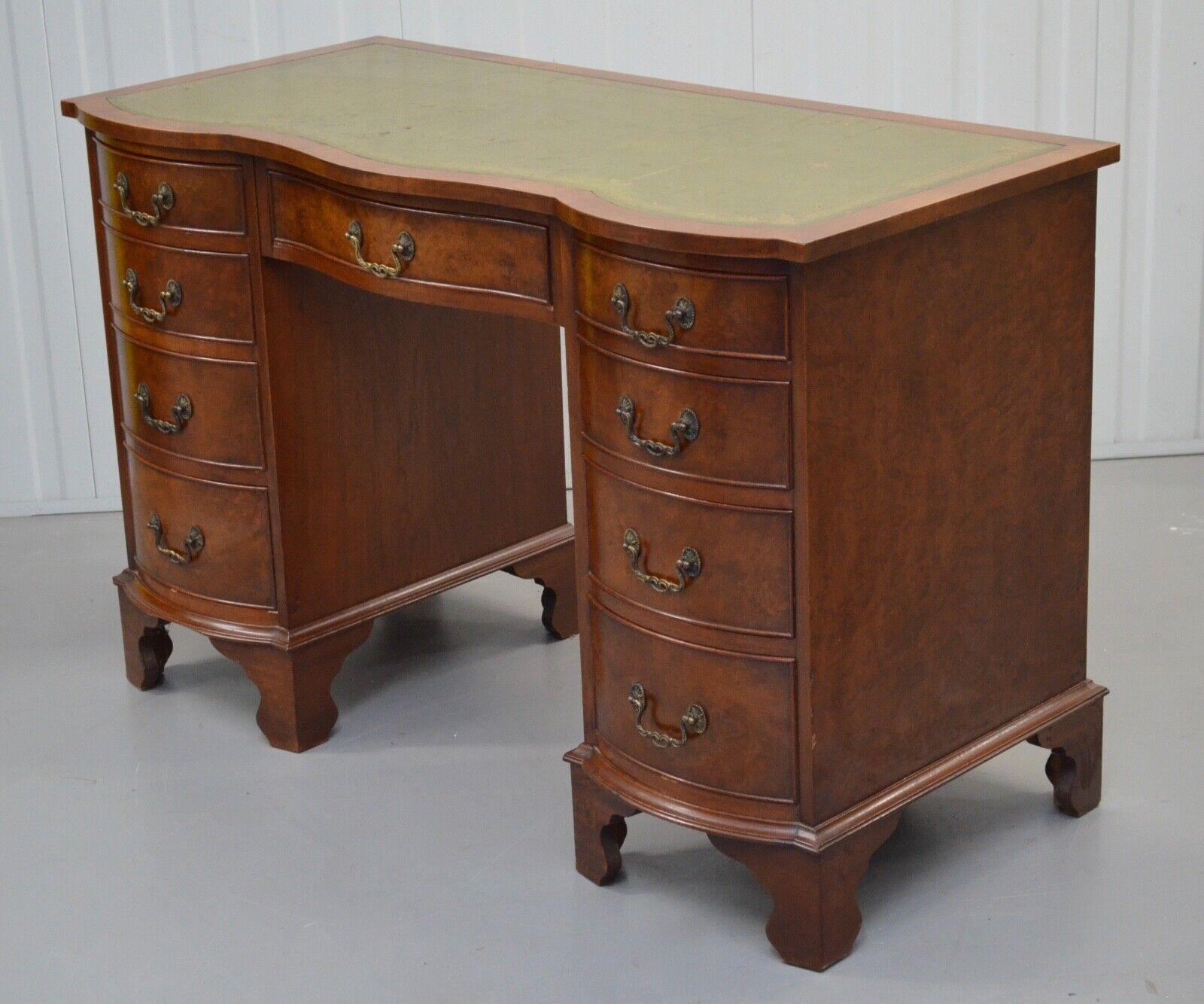 English 20th Century Walnut Serpentine Pedestal Flamed Desk / Chair Available