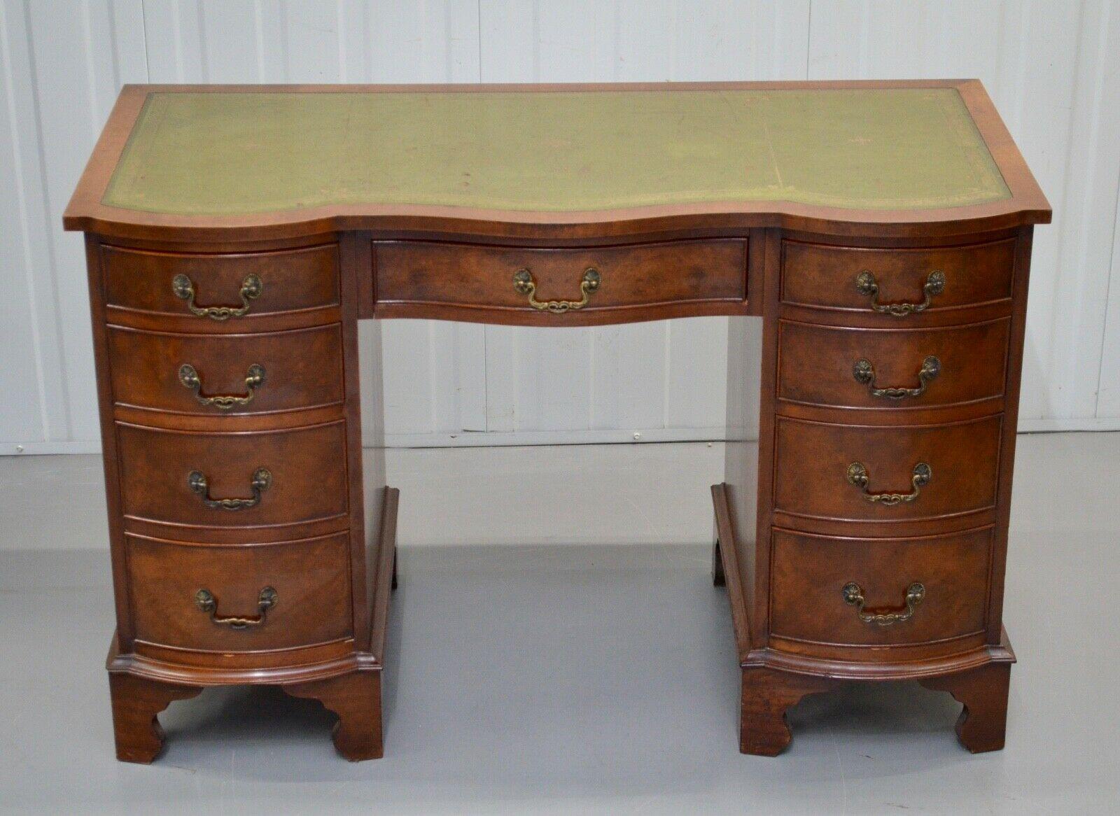 Hand-Crafted 20th Century Walnut Serpentine Pedestal Flamed Desk / Chair Available