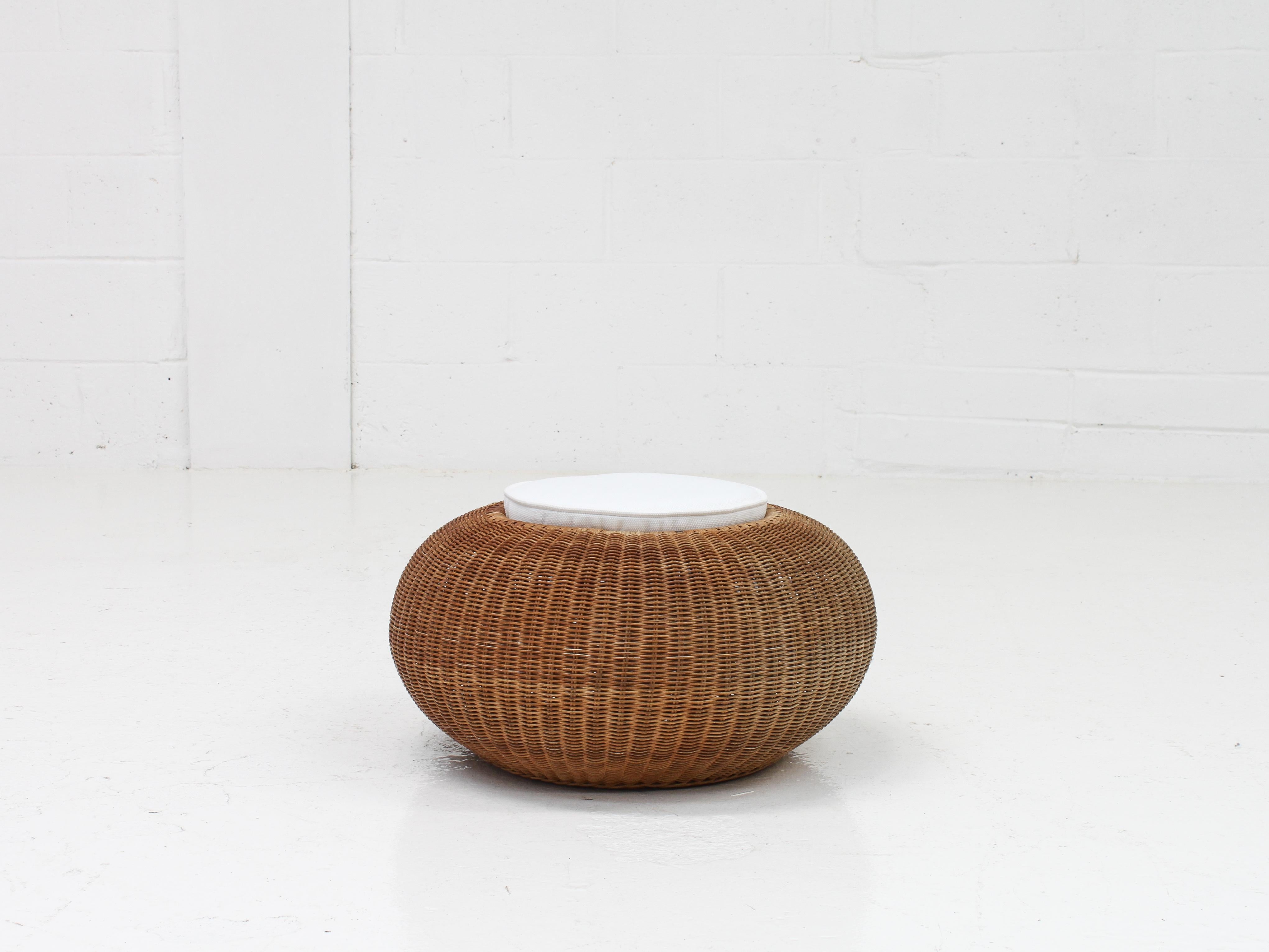 Mid-Century Modern 20th-Century Wicker Footstool / Ottoman with Pierre Frey Covered Cushion