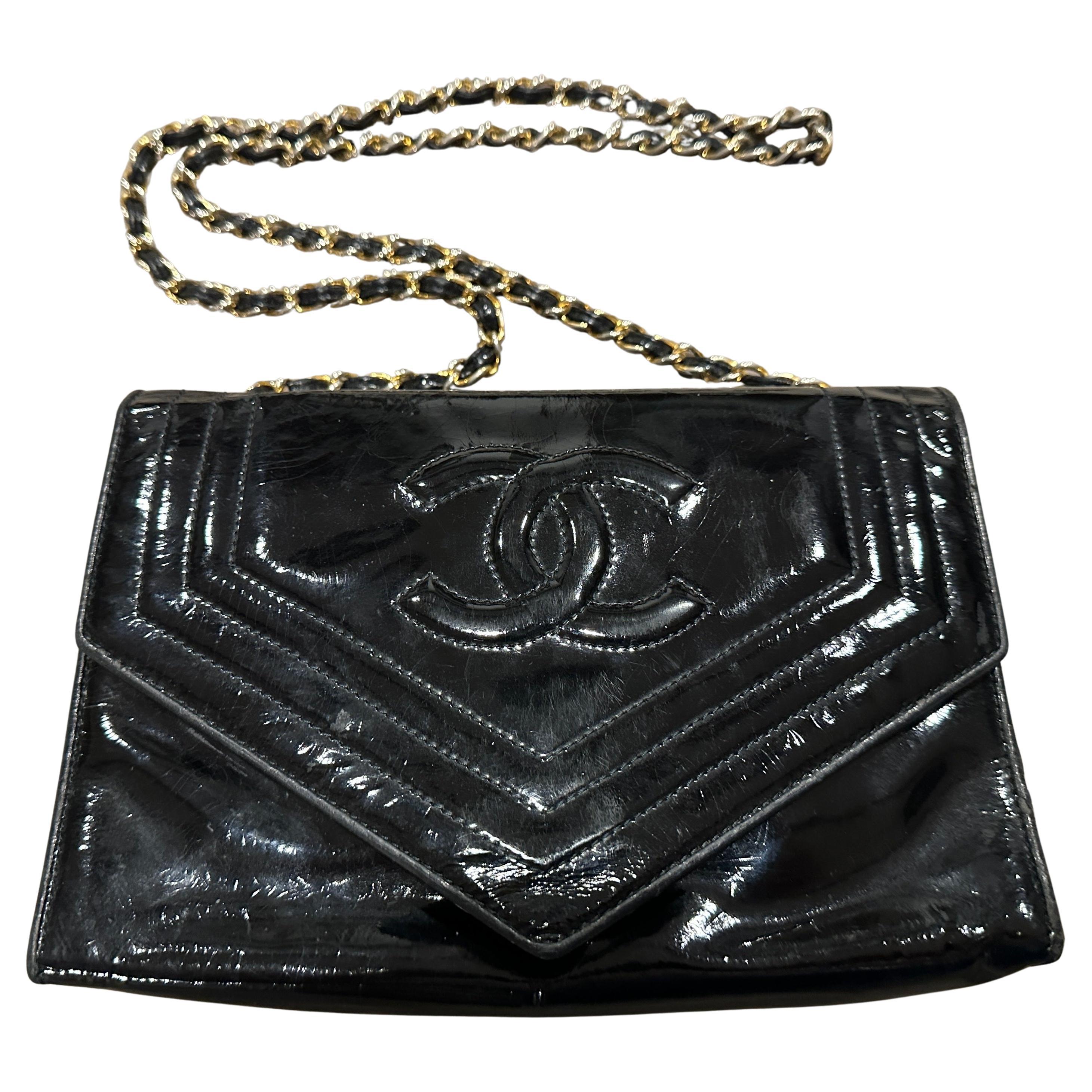 A 21st Century Chanel Black Glossy Patent Leather Crossbody Bag For Sale
