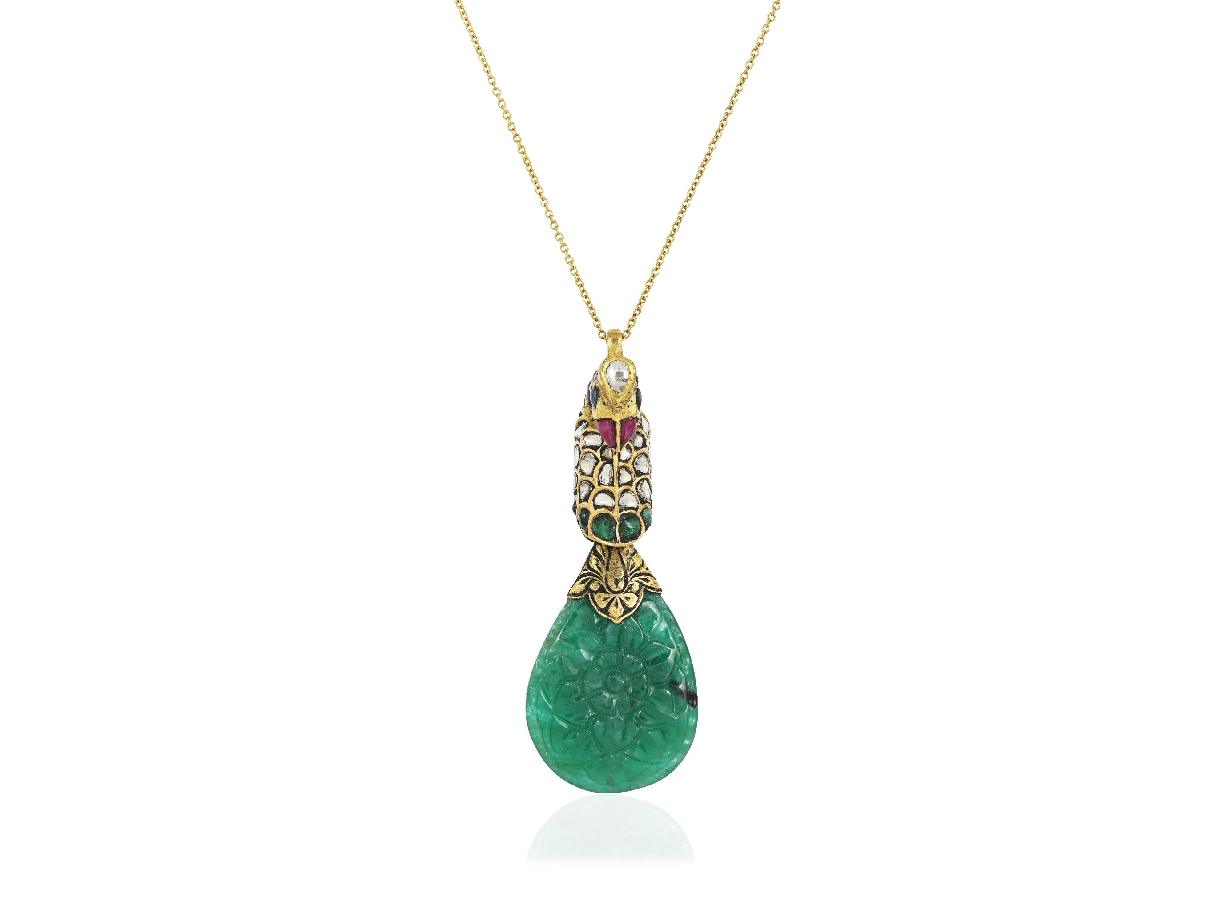 Uncut A 22K gold Indian Emerald and Diamond polki peacock pendant