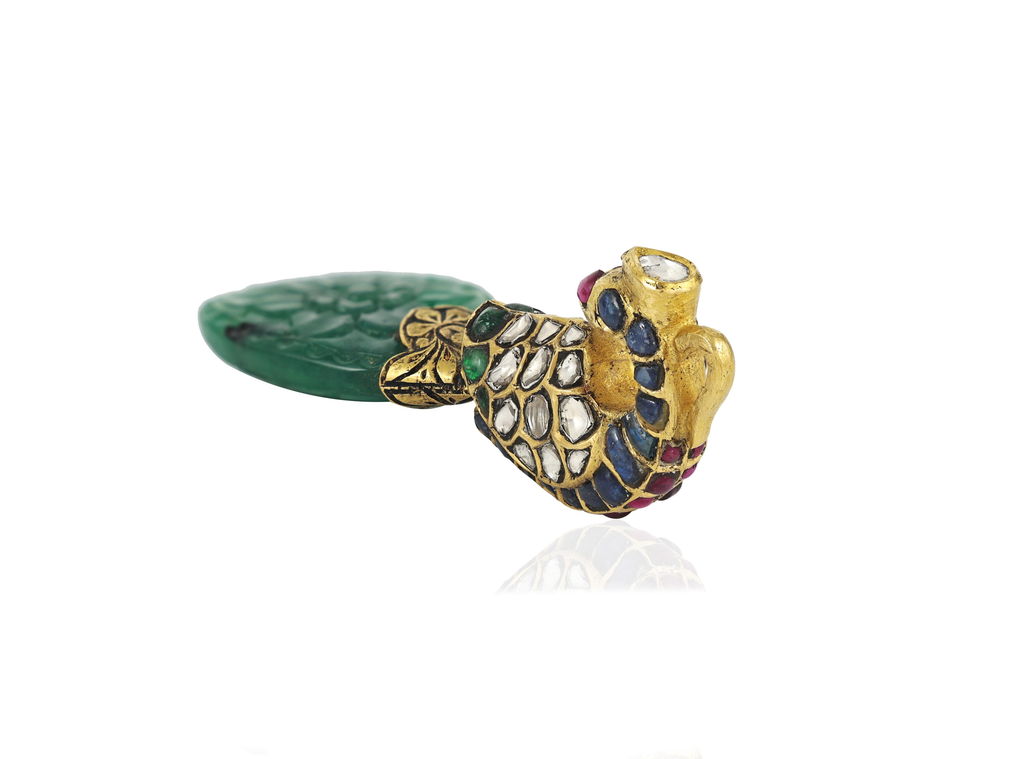 A 22K gold Indian Emerald and Diamond polki peacock pendant 2