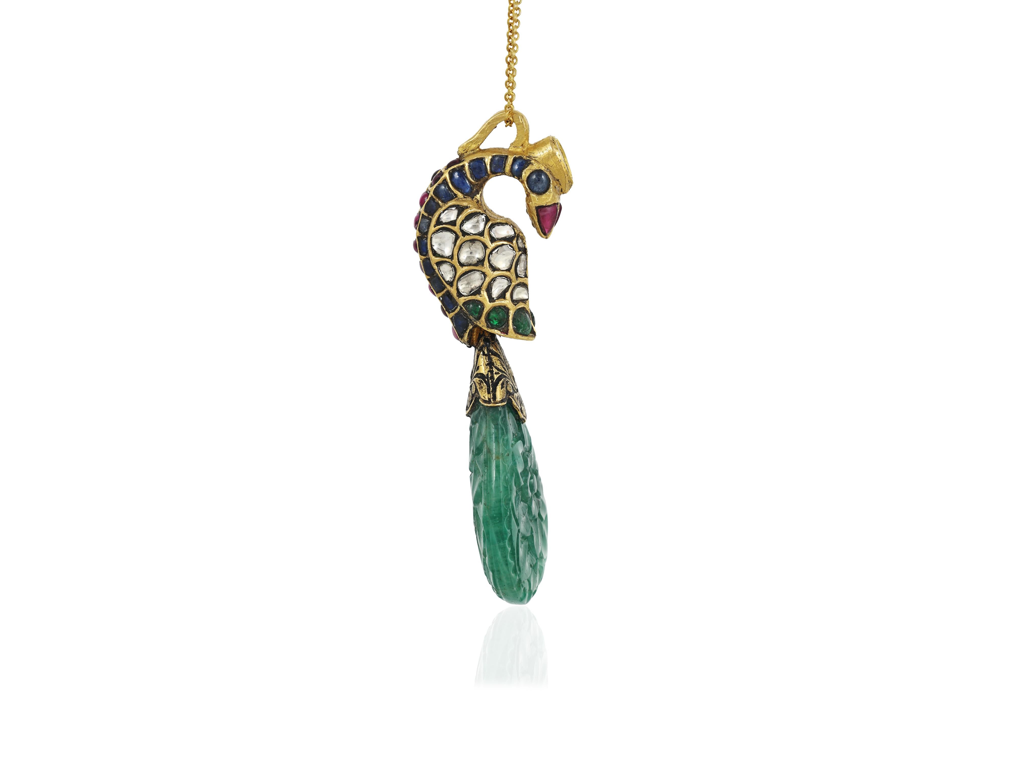 A 22K gold Indian Emerald and Diamond polki peacock pendant 3