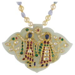 A 22K gold Nephrite jade indian pendant of Lord Krishna in diamond and ruby