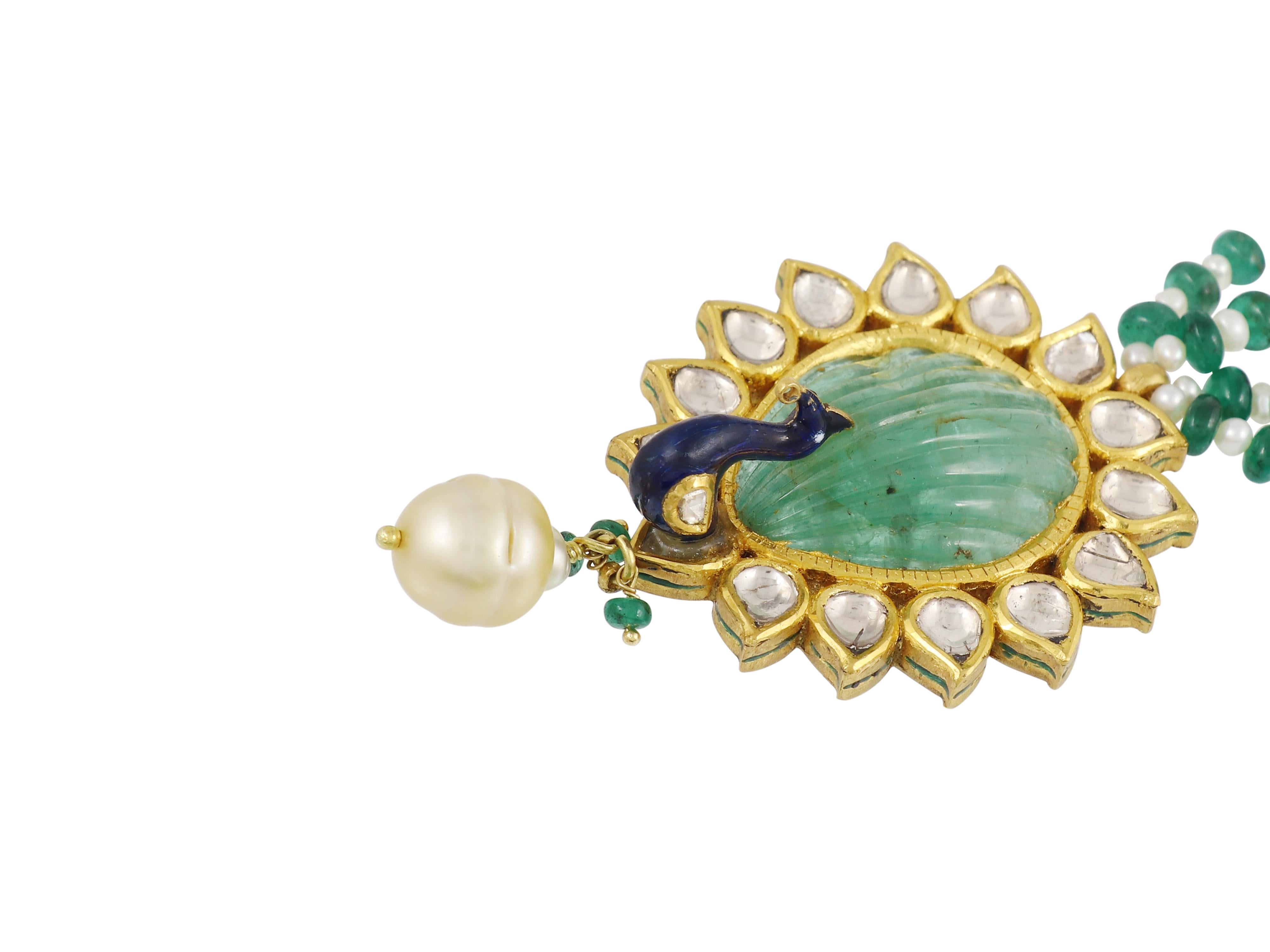 Women's A 22K Indian emerald and polki peacock inspired pendant with meenakari (enamel) For Sale