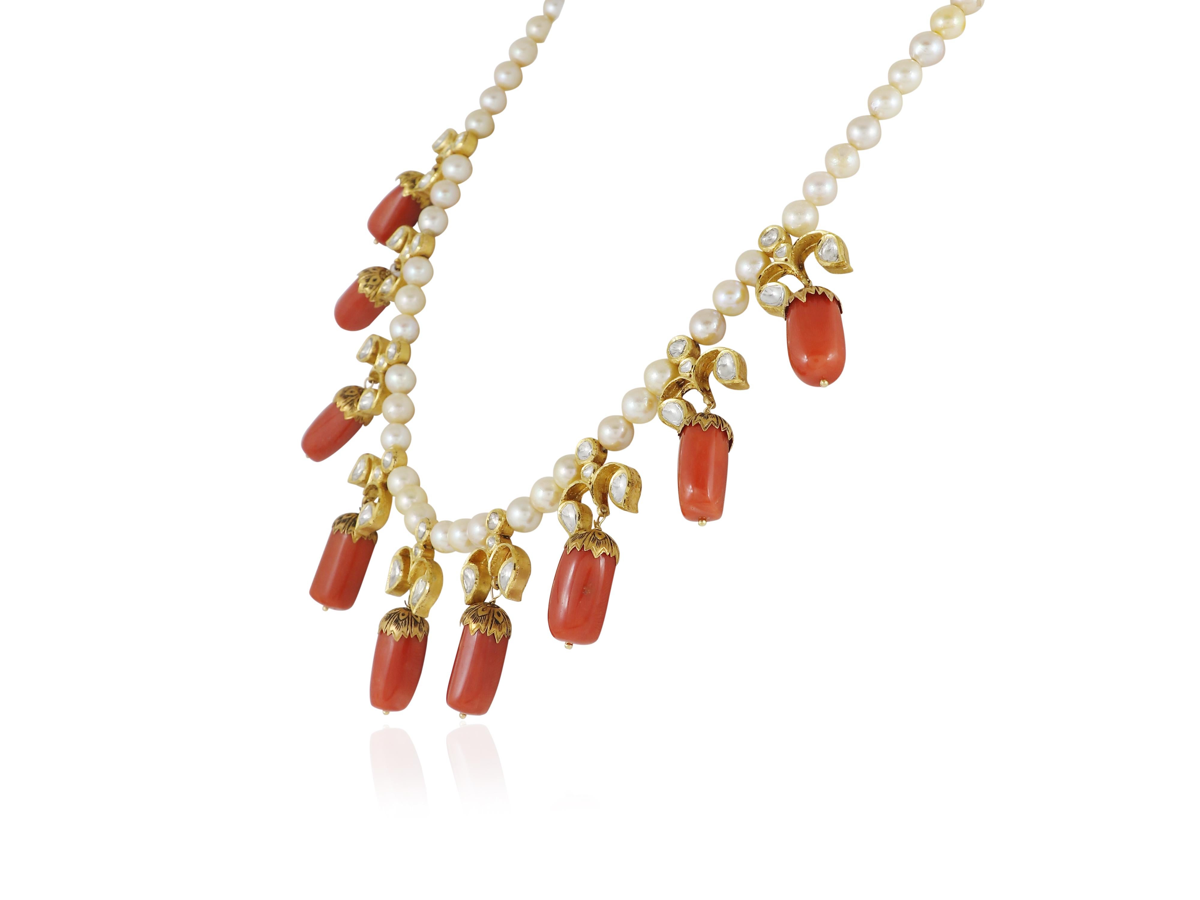 Women's A 22K natural Coral set with Natural uncut diamond polki  Indian necklace For Sale
