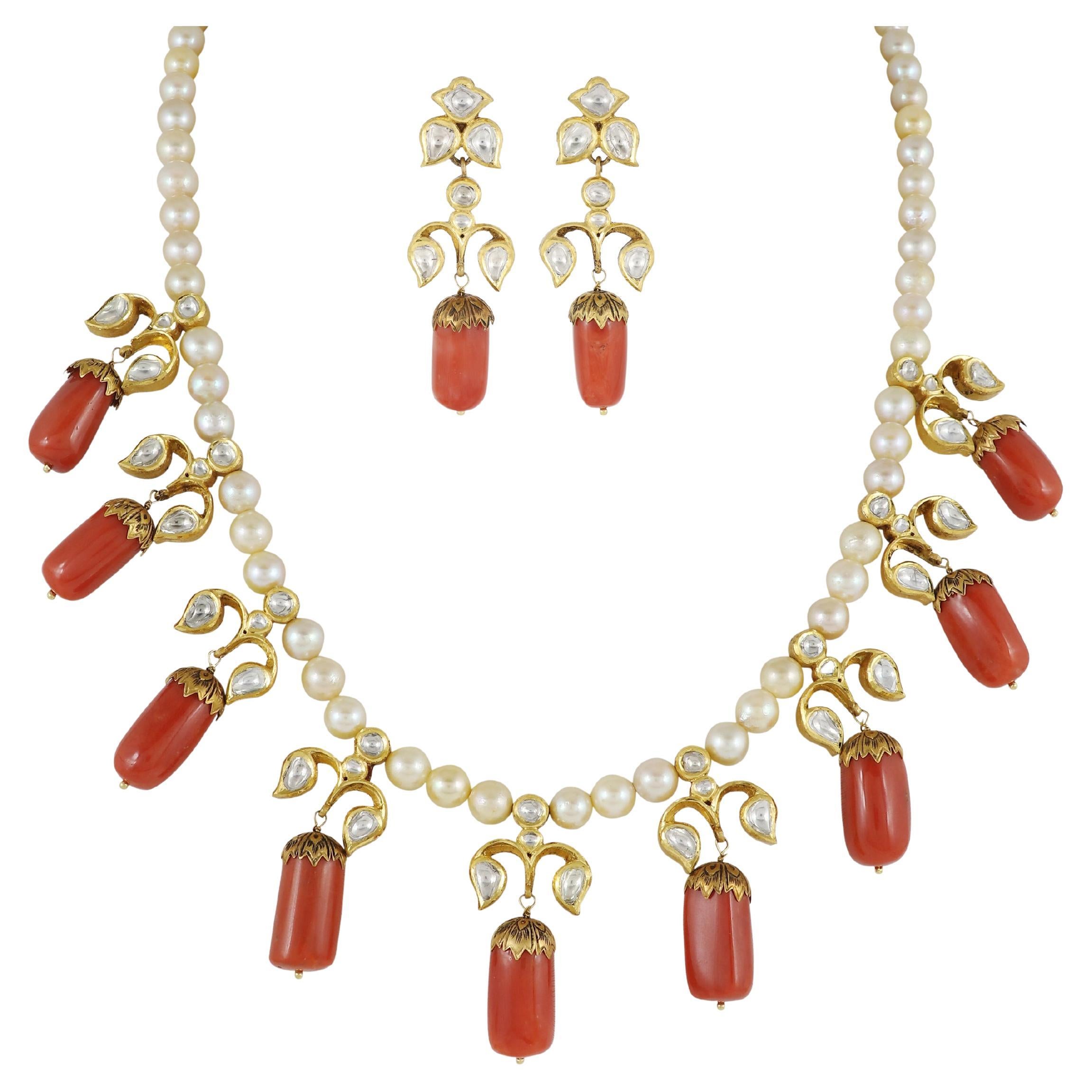 A 22K natural Coral set with Natural uncut diamond polki  Indian necklace