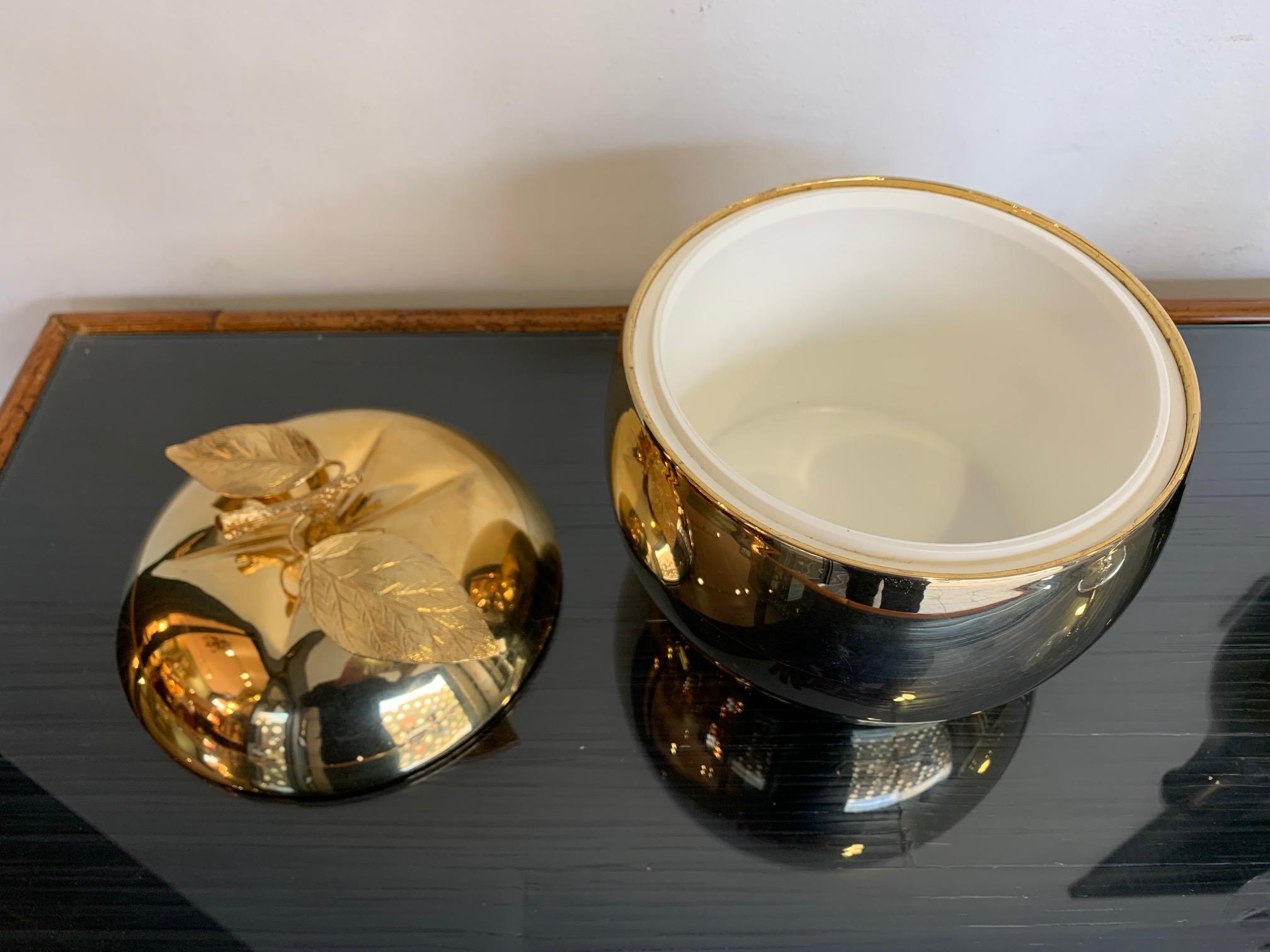 Late 20th Century 24-Carat Gold-Plated Apple Shaped Ice Bucket with Detailed Leaf Handle