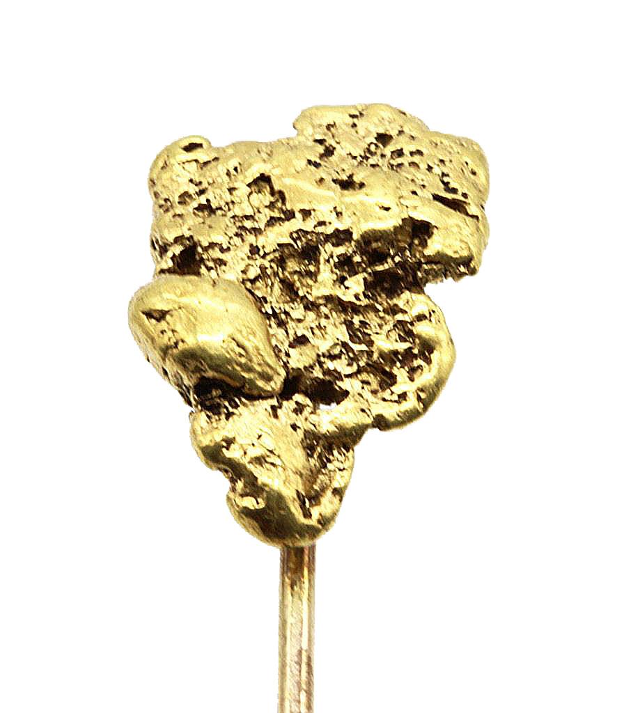 A 24 Kt Gold Raw Nugget Stick pin.
Unmarked, the pin tests 14 Kt
All stick pins are sold with a modern 9 Kt gold plated safety guard.