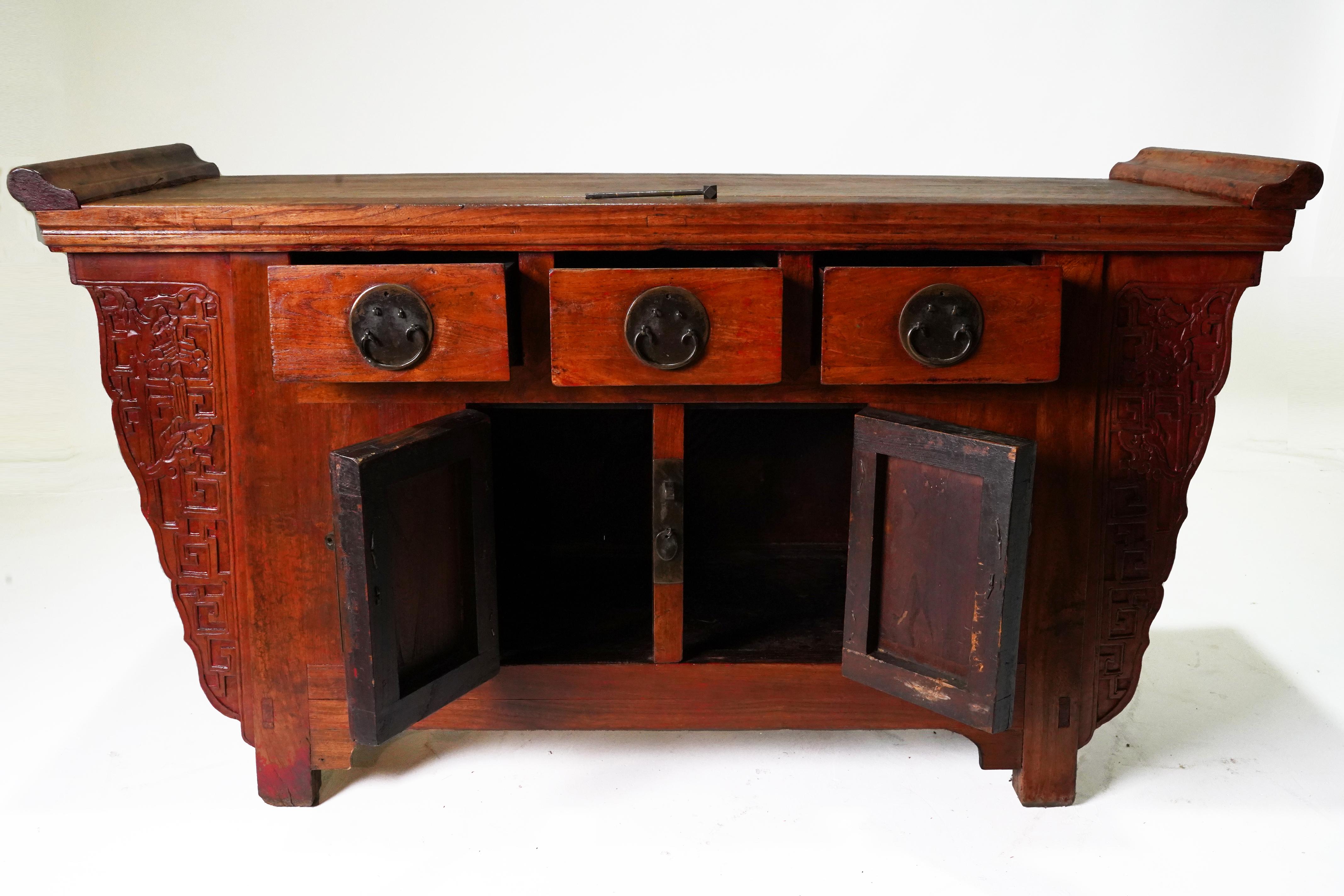 Chinese A C. 1900 Beijing Sideboard with Carved Spandrels and Original Lacquer For Sale