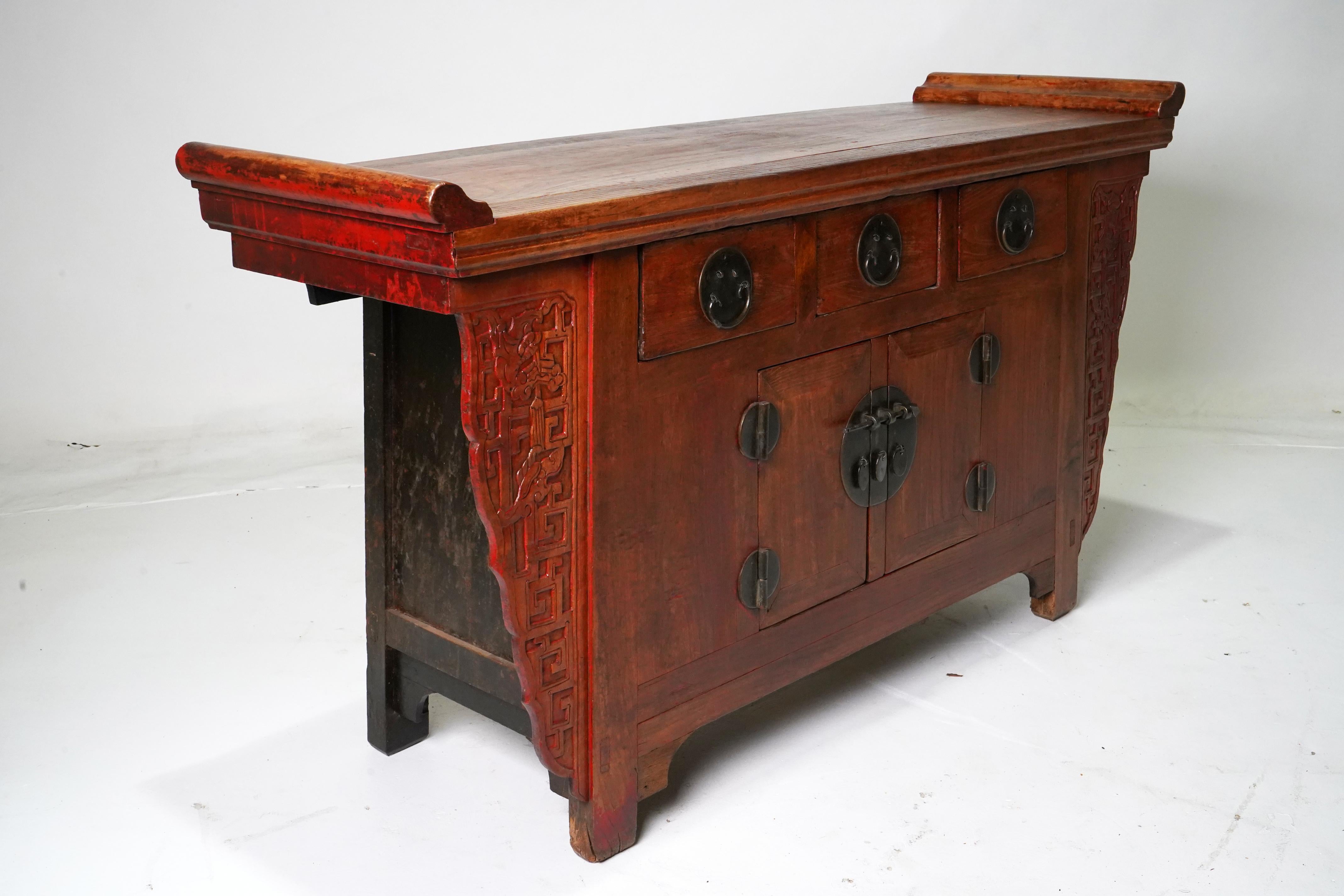 20th Century A C. 1900 Beijing Sideboard with Carved Spandrels and Original Lacquer For Sale