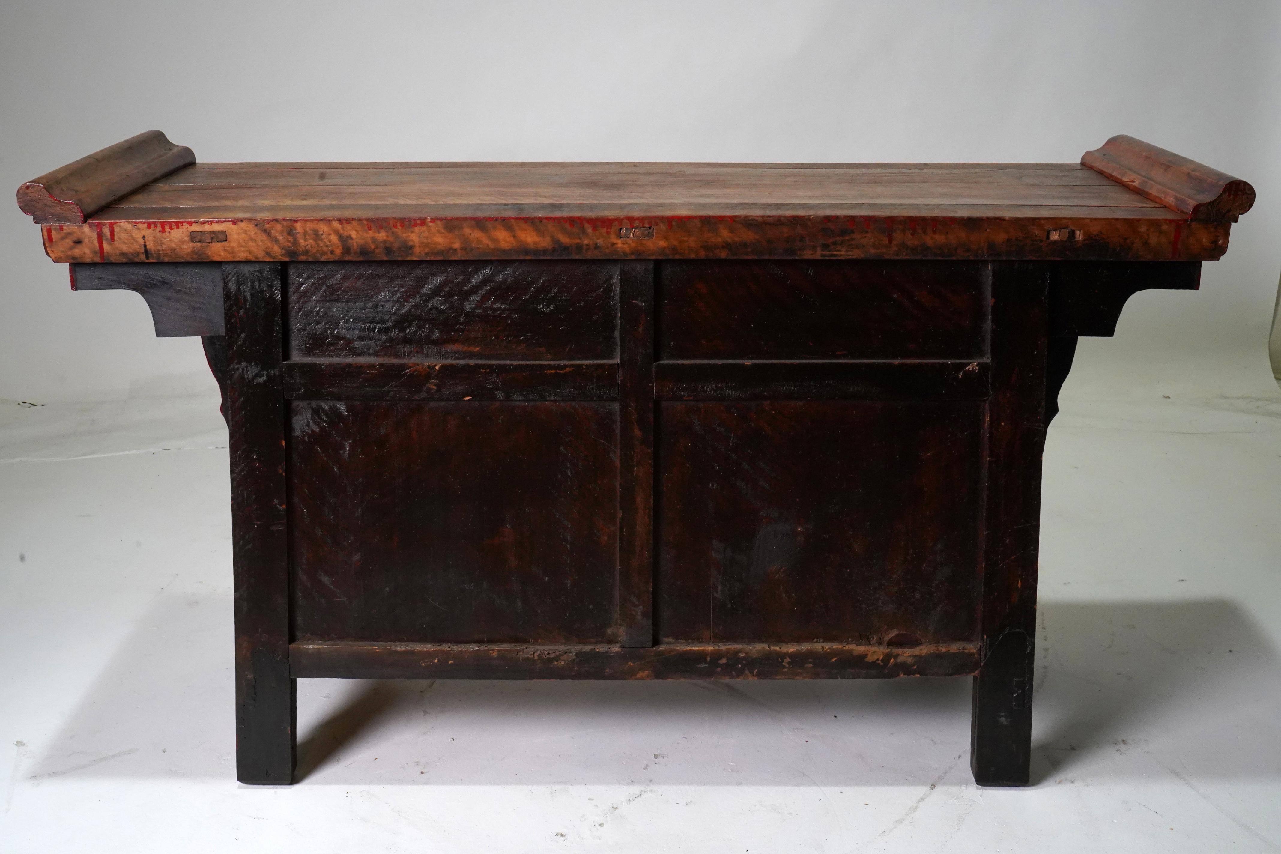 Elm A C. 1900 Beijing Sideboard with Carved Spandrels and Original Lacquer For Sale