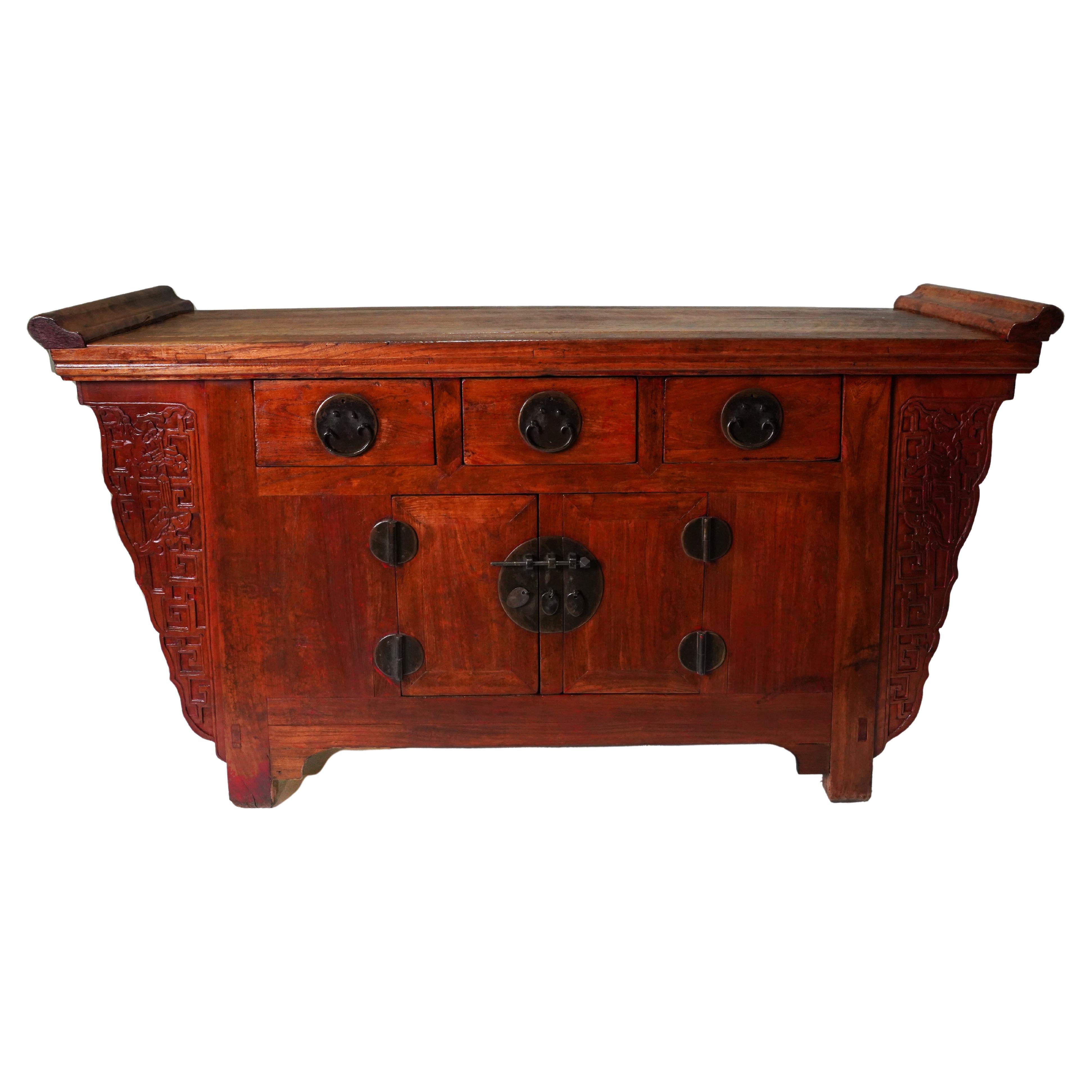 A C. 1900 Beijing Sideboard with Carved Spandrels and Original Lacquer For Sale