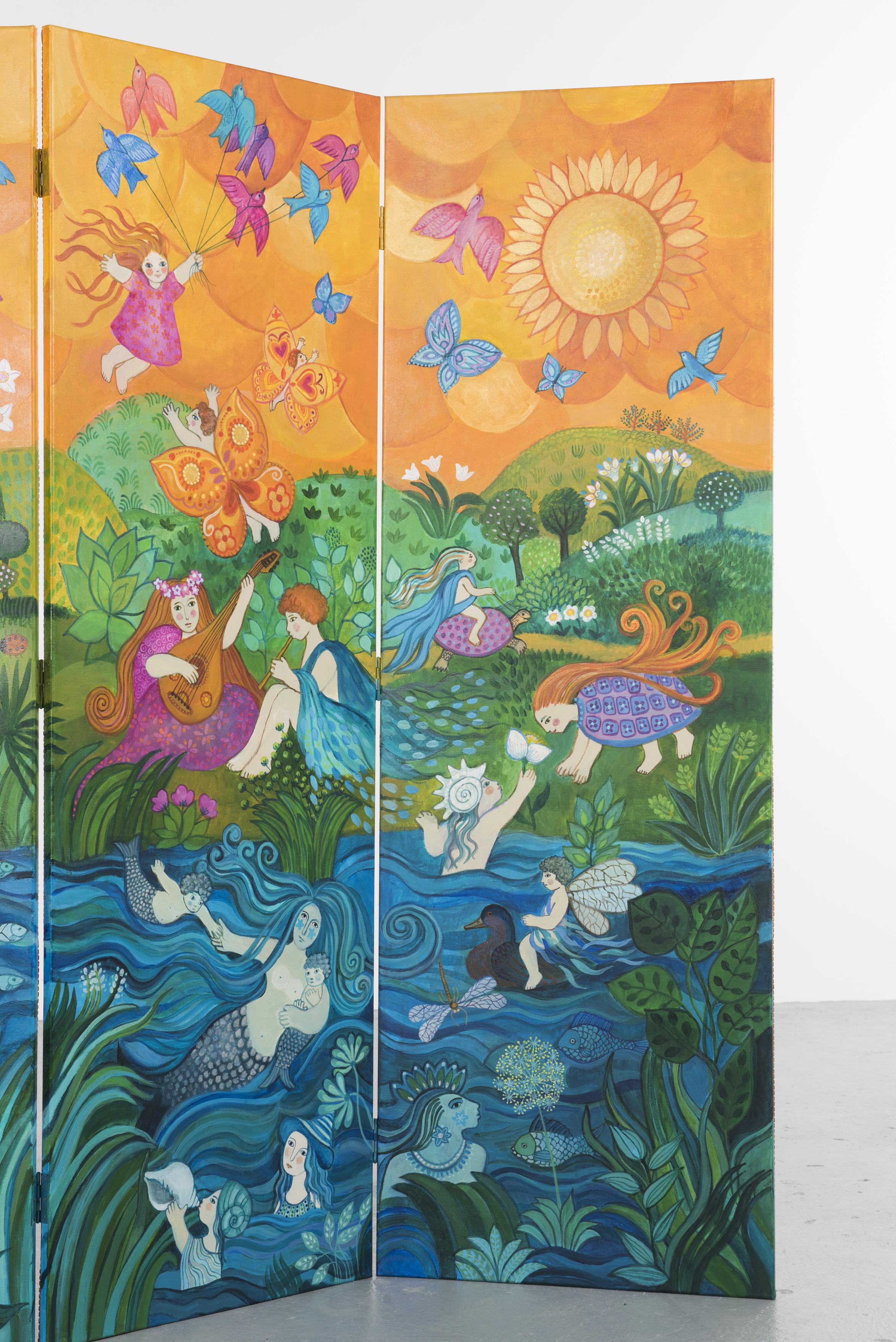 The art of the Girofla artists on a 3-panel folding screen: imaginary characters from the sea, the earth and the air, declined in 3 main colors, blue for the sea, green for the earth and yellow for the air.
The acrylic painting shows an enchanting