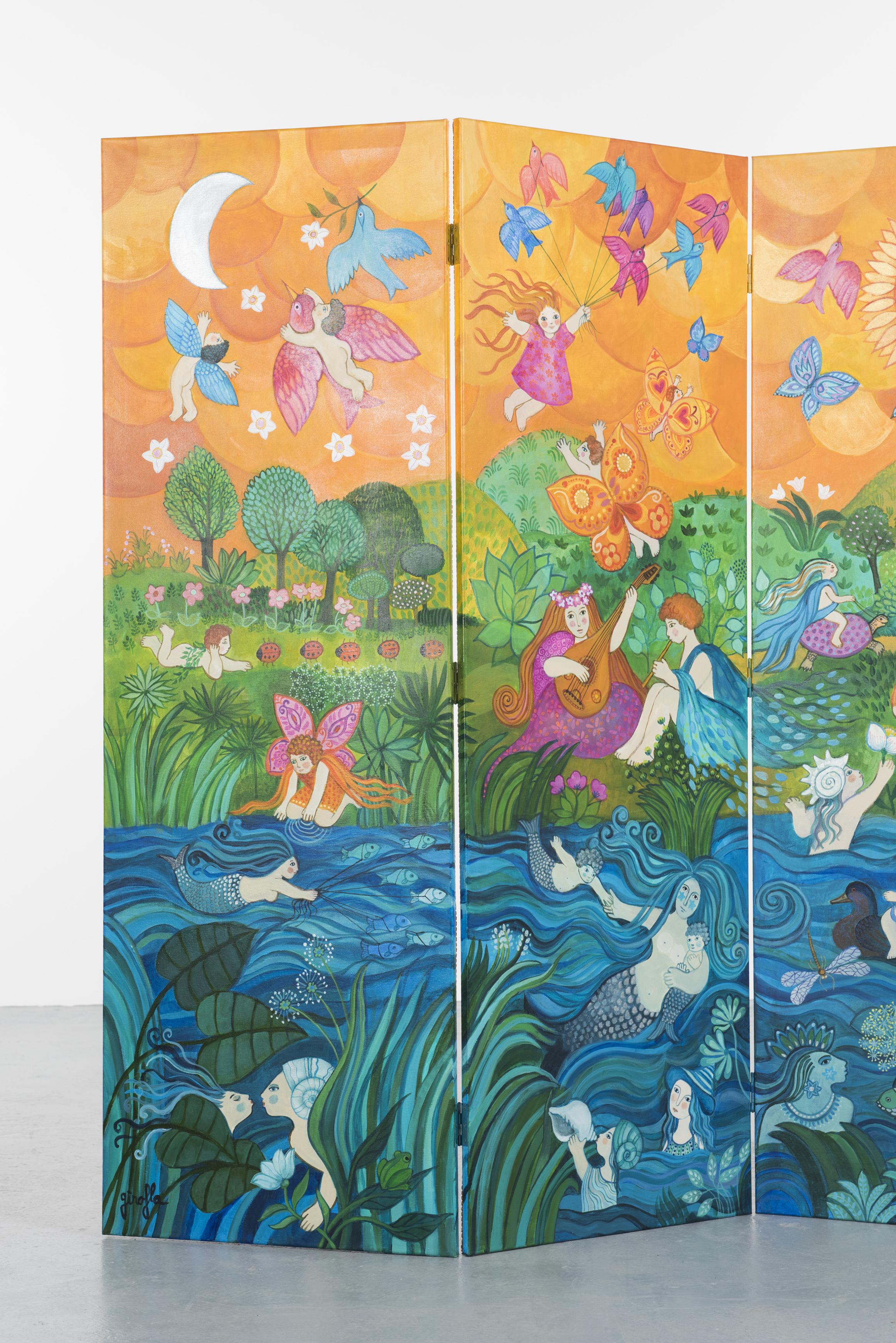 Post-Modern 3-Panel Folding Screen, Painting by Girofla, 1990s For Sale