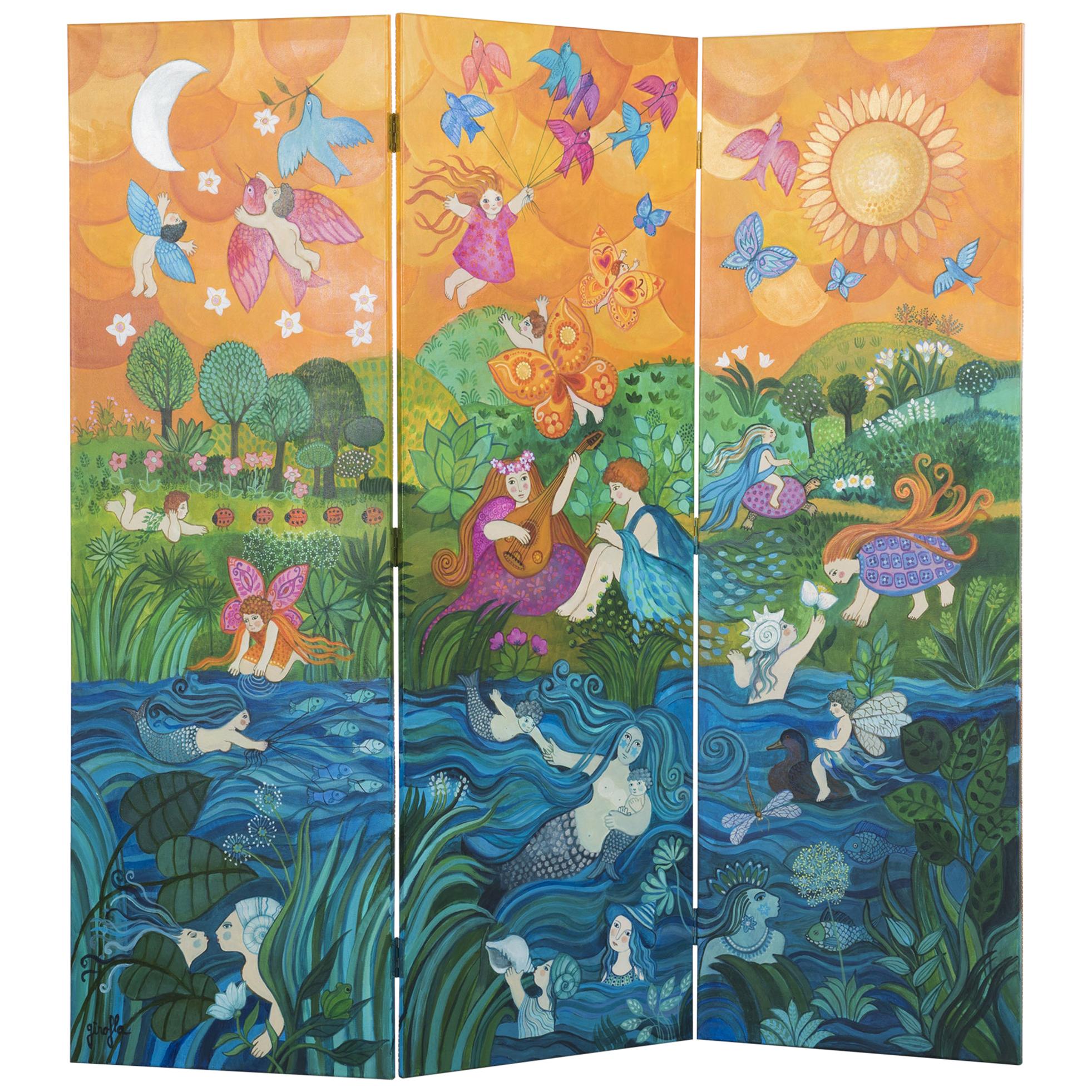 3-Panel Folding Screen, Painting by Girofla, 1990s For Sale