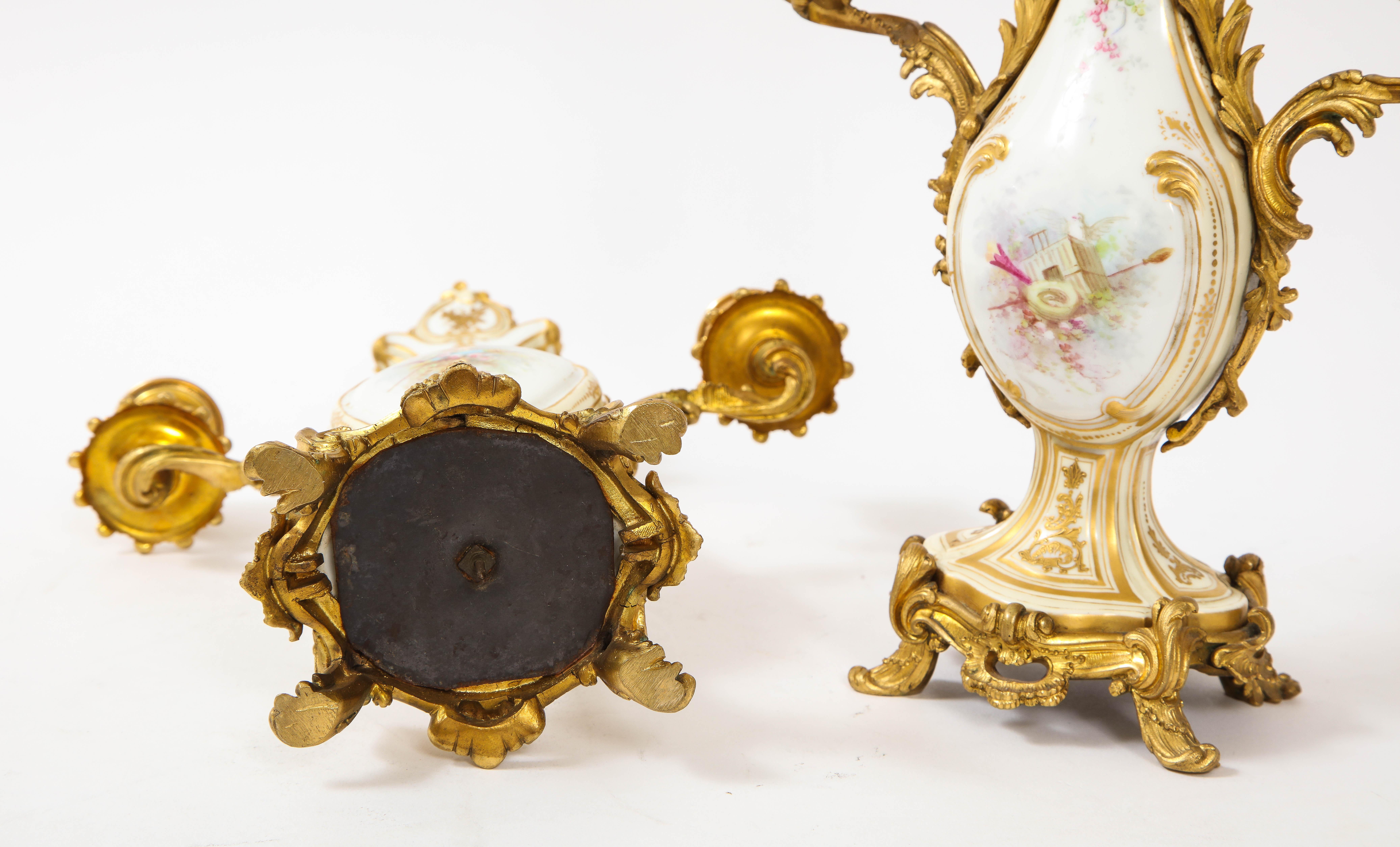 3-Piece Sevres Porcelain and Dore Bronze Mnt. Clock and Candelabra Garniture For Sale 12