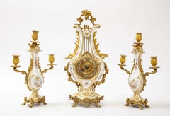 3-Piece Sevres Porcelain and Dore Bronze Mnt. Clock and Candelabra Garniture
