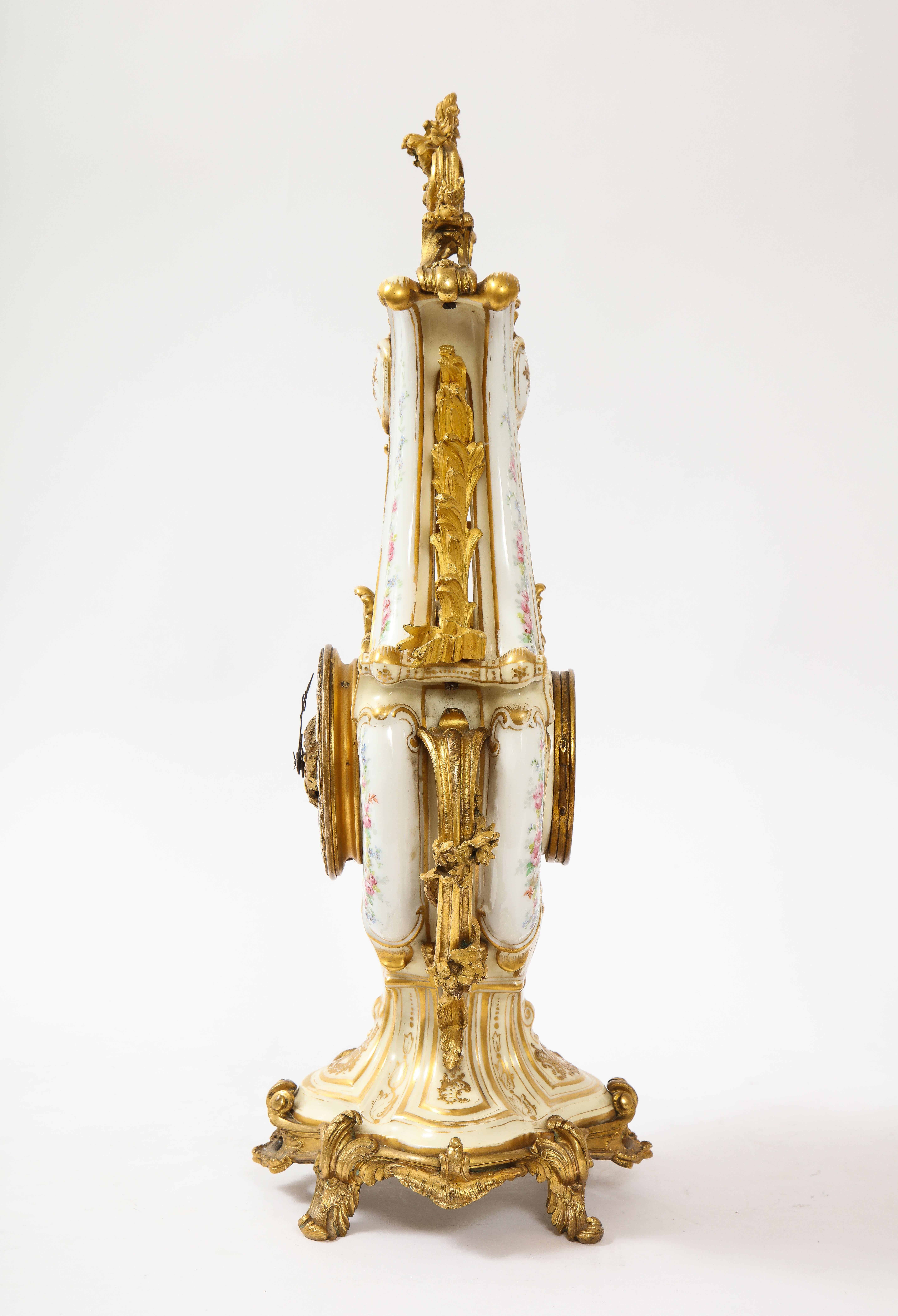 Louis XVI 3-Piece Sevres Porcelain and Dore Bronze Mnt. Clock and Candelabra Garniture For Sale