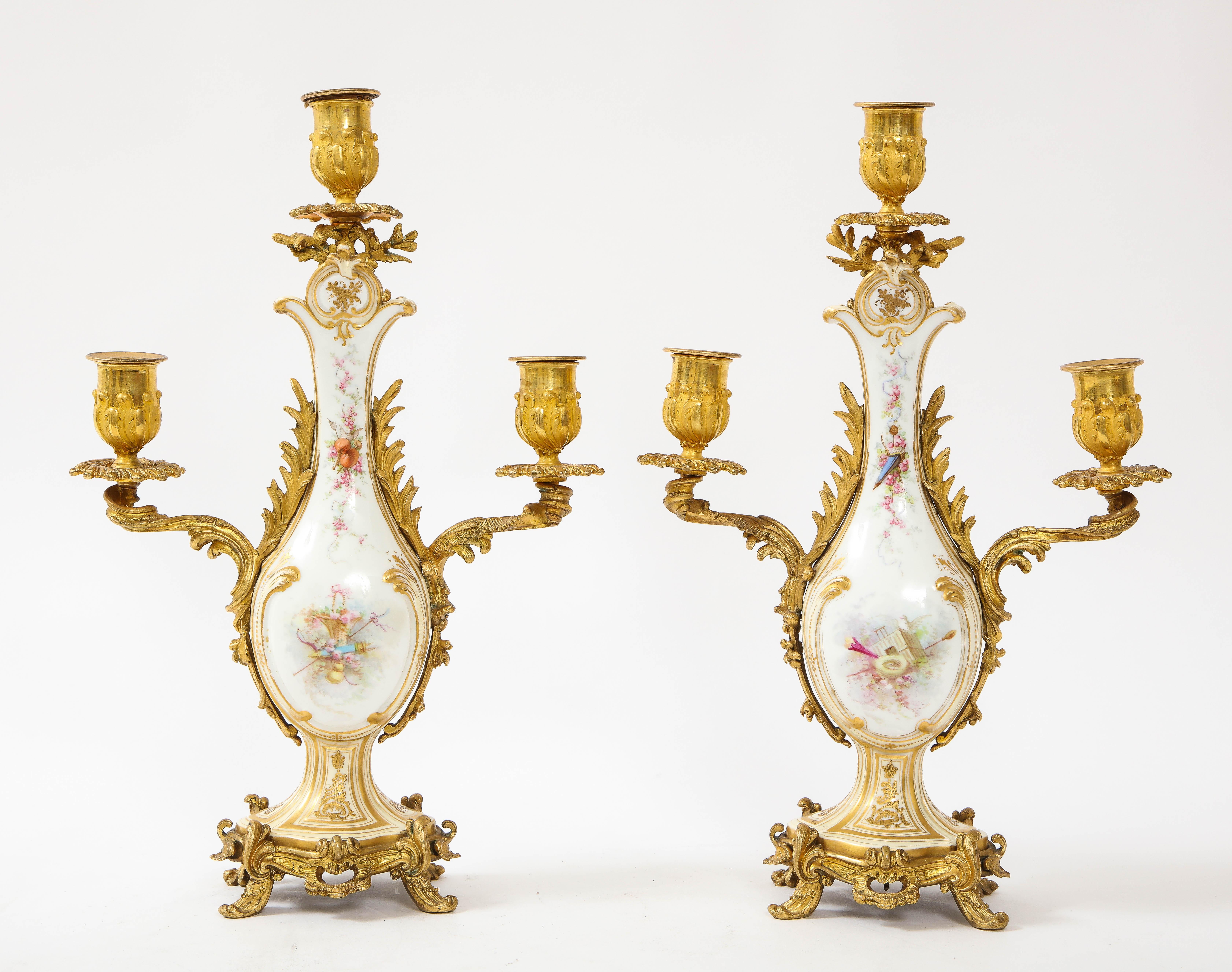 Mid-19th Century 3-Piece Sevres Porcelain and Dore Bronze Mnt. Clock and Candelabra Garniture For Sale