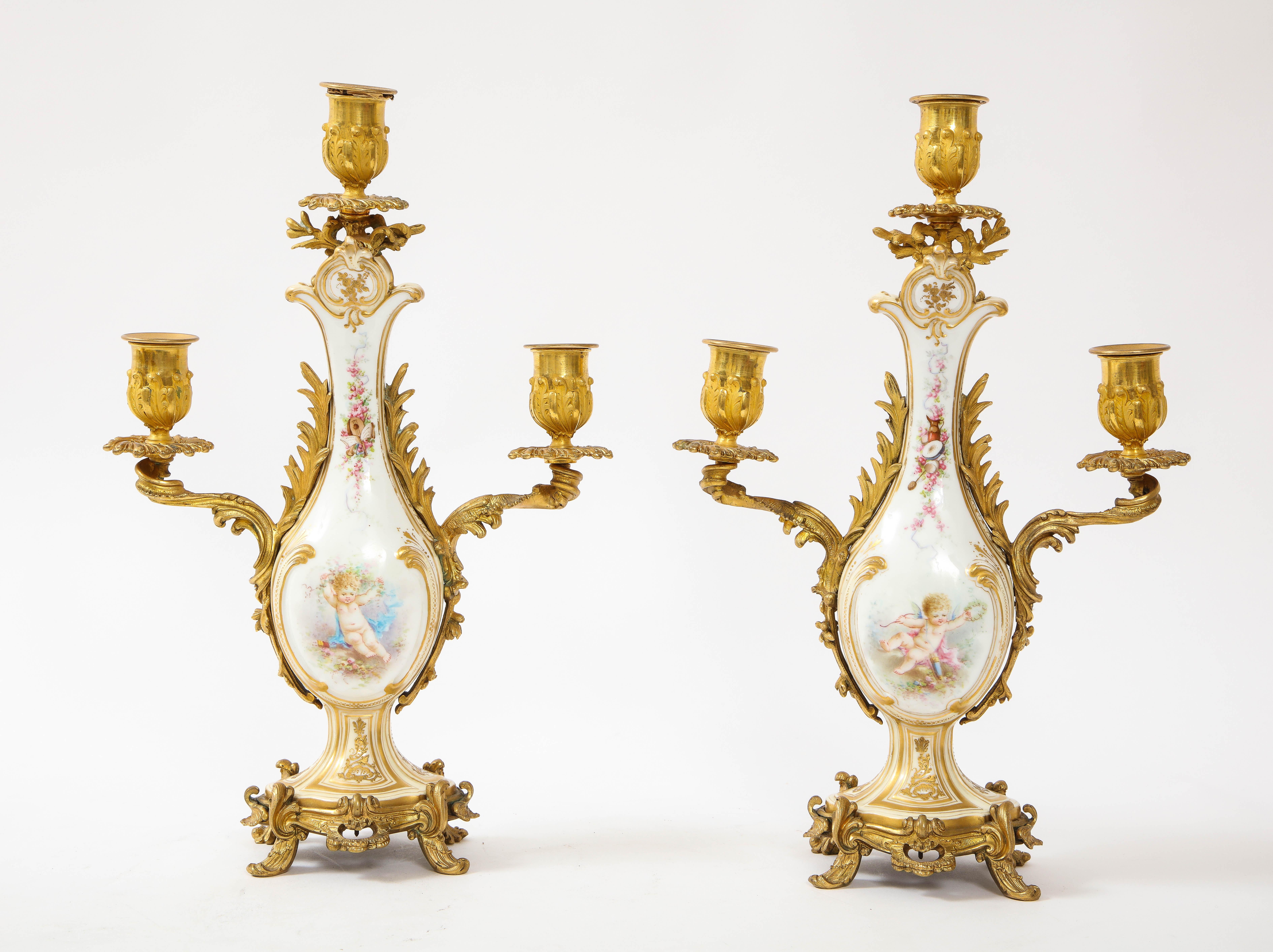 3-Piece Sevres Porcelain and Dore Bronze Mnt. Clock and Candelabra Garniture For Sale 1