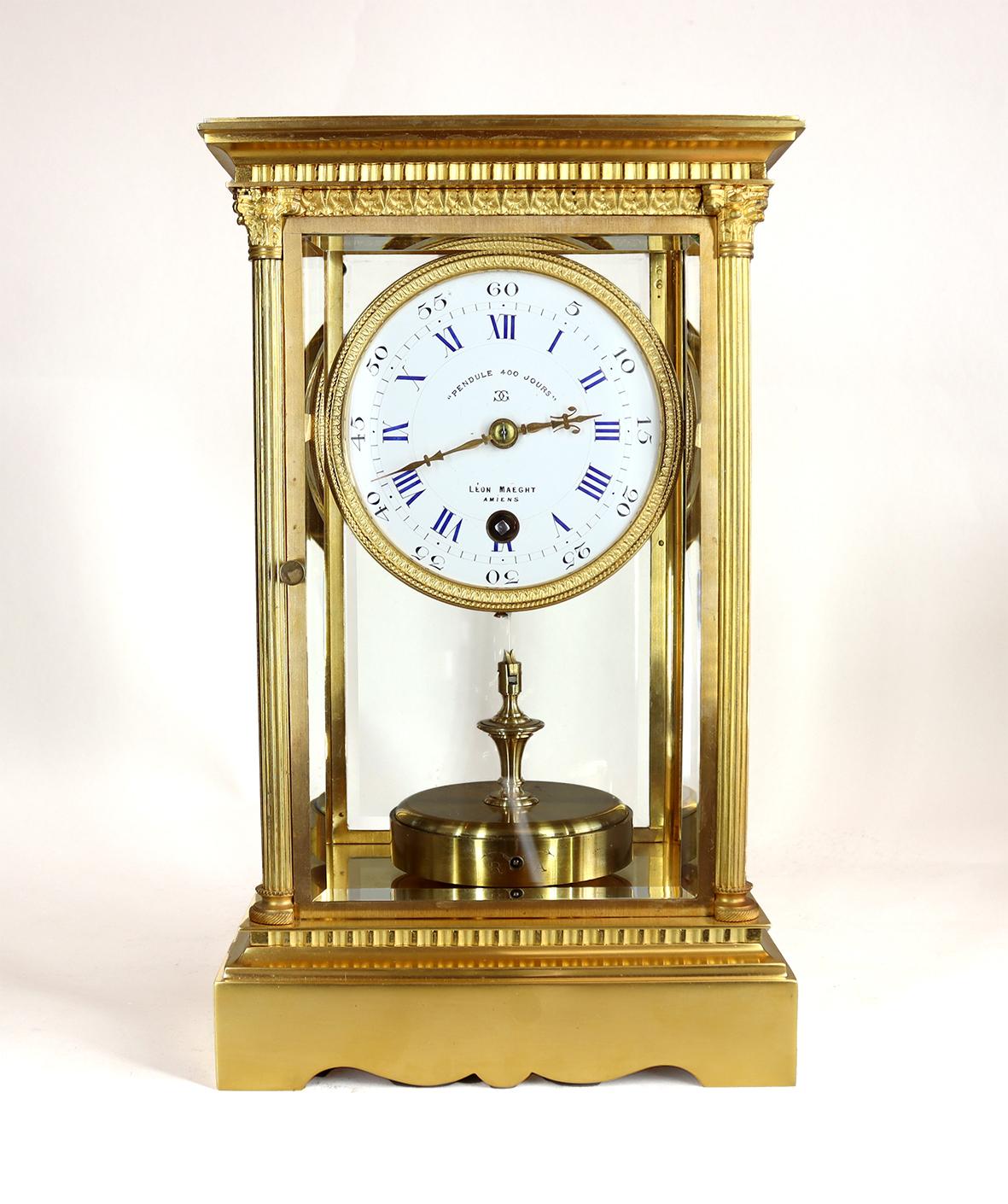 A rare example of a french torsion suspension or 400 day clock made by Claude Grivolas & Cie, the movement was invented and patented by Claude Grivolas. This example can be dated to the first half of 1910.

The movement stamped No.A.10-2321-0