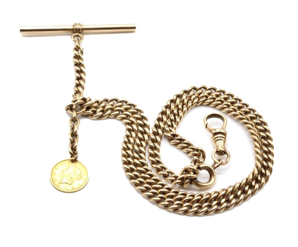 A 9 Kt rose gold Gentleman's pocket watch graduated curb link chain, the two strands joined by a single swivel clasp, with an 18 Kt Gold Dollar fob monogrammed MS to the reverse.
Stamped 1/4 gold (9 Kt)