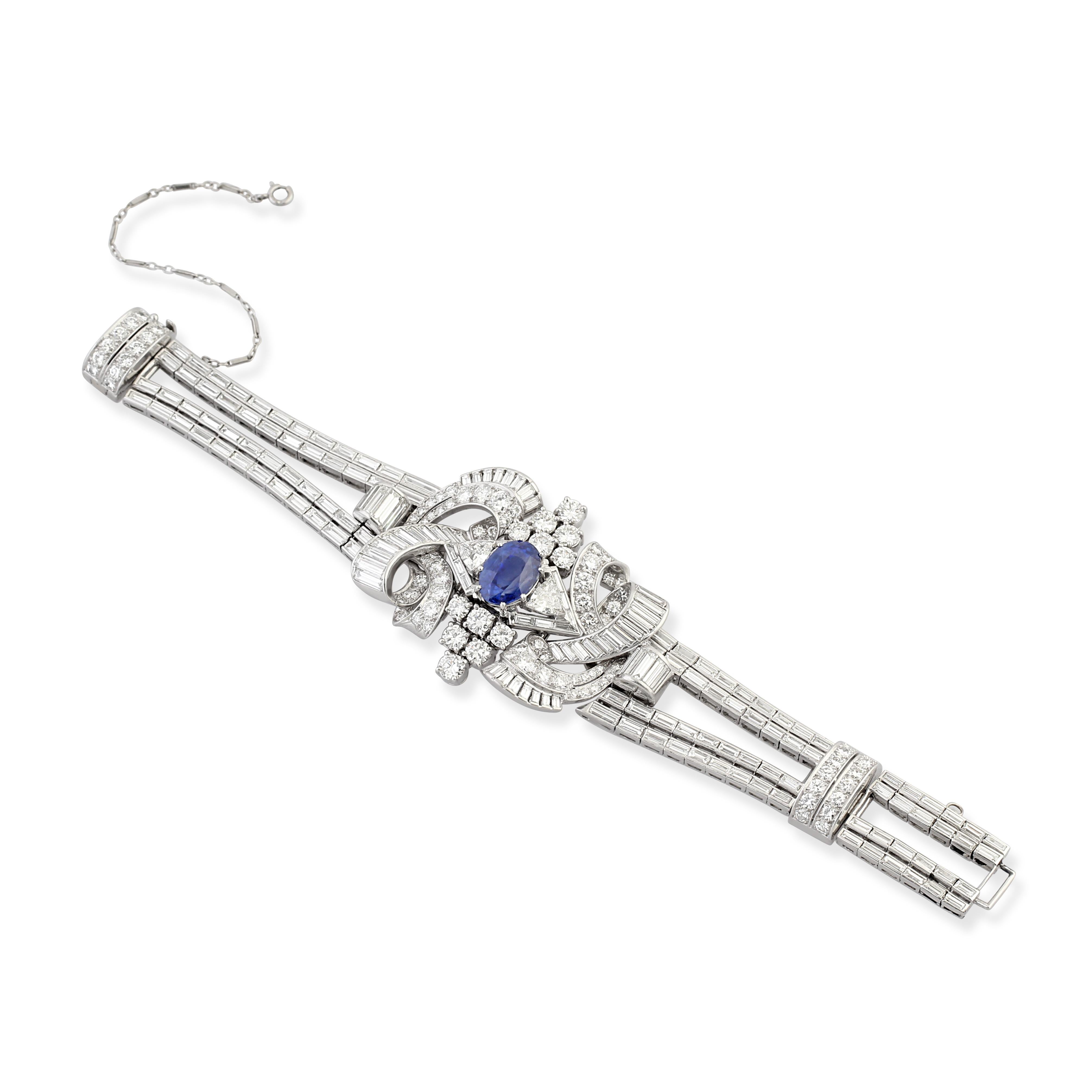 An elegant sapphire and diamond bracelet. Set at the centre with a 9.30ct Ceylon, unheated sapphire surrounded by baguette and round-cut diamonds.
