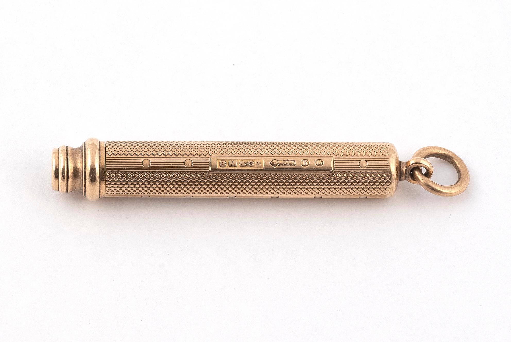 

by Sampson Mordan & Co, hallmarked for London, 1925, of plain cylindrical form, with ring terminal, length 10.3cm.