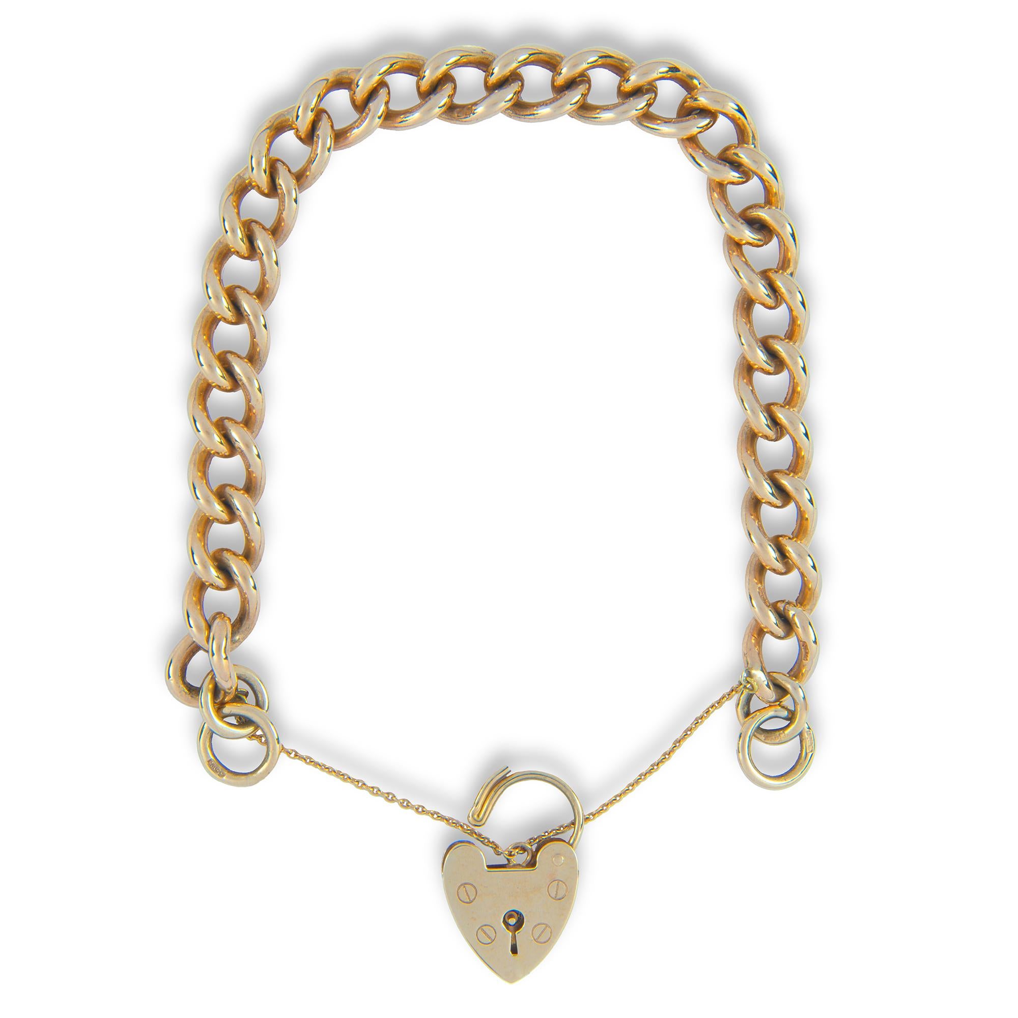 A 9ct yellow gold curb link bracelet attached to a heart shape padlock clasp with safety chain, hallmarked 9ct gold, Birmingham 1971-72, length 21cm, gross weight 33.2 grams.

This bracelet is in vey good condition.

This eye-catching bracelet