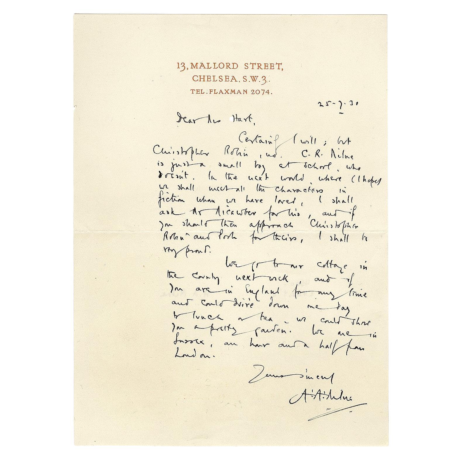 A. Milne, une belle lettre signée mentionnant Christopher Robin and Pooh, 1931 en vente