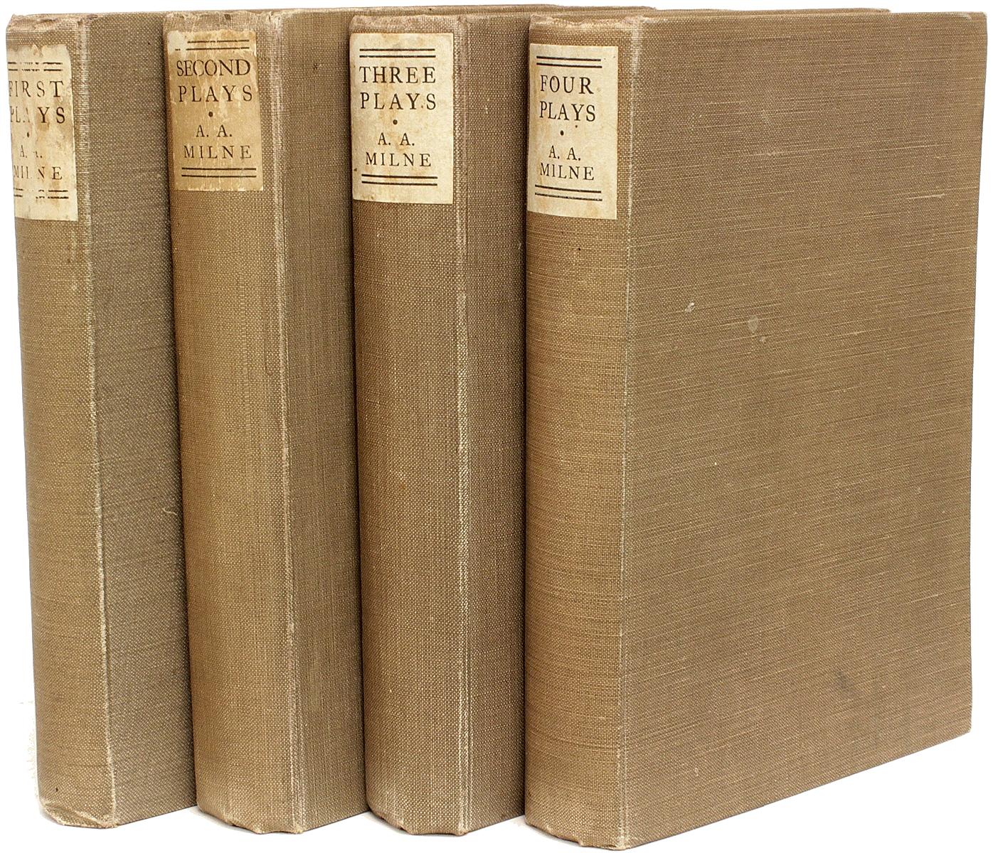 Author: Milne. A. A.. 

Title: [Collected Plays], First Plays; Second Plays; Three Plays; and Four Plays.

Publisher: London: Chatto & Windus, 1919, 21, 23, 26.

Description: all first editions each inscribed to his brother. 4 vols., each