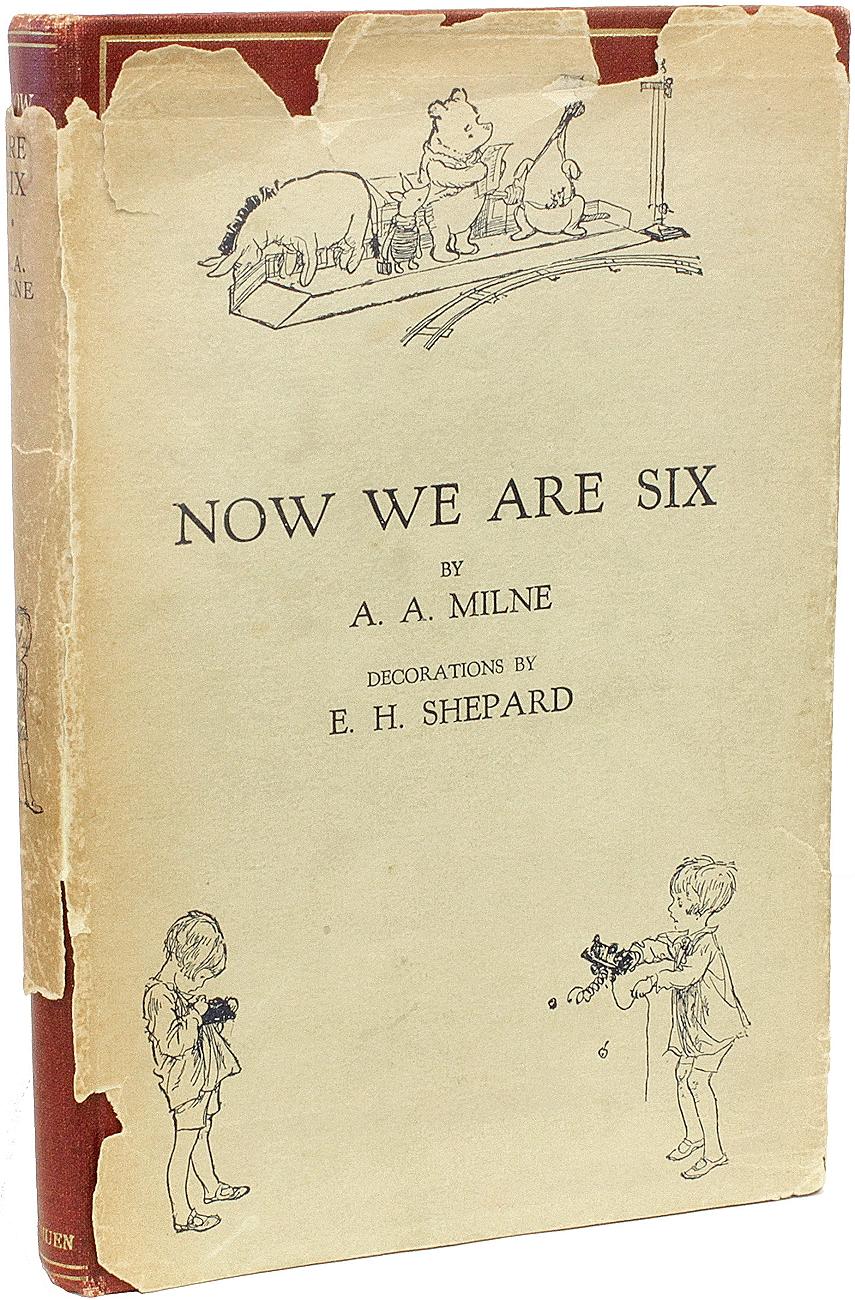 AUTEUR : MILNE, A. A. 

TITRE : Now We Aer Six.

ÉDITEUR : Londres : Methuen & Co. Ltd, 1927.

DESCRIPTION : PREMIÈRE ÉDITION SIGNÉE PAR E. H. SHEPHARD. 1 vol, 7-1/2