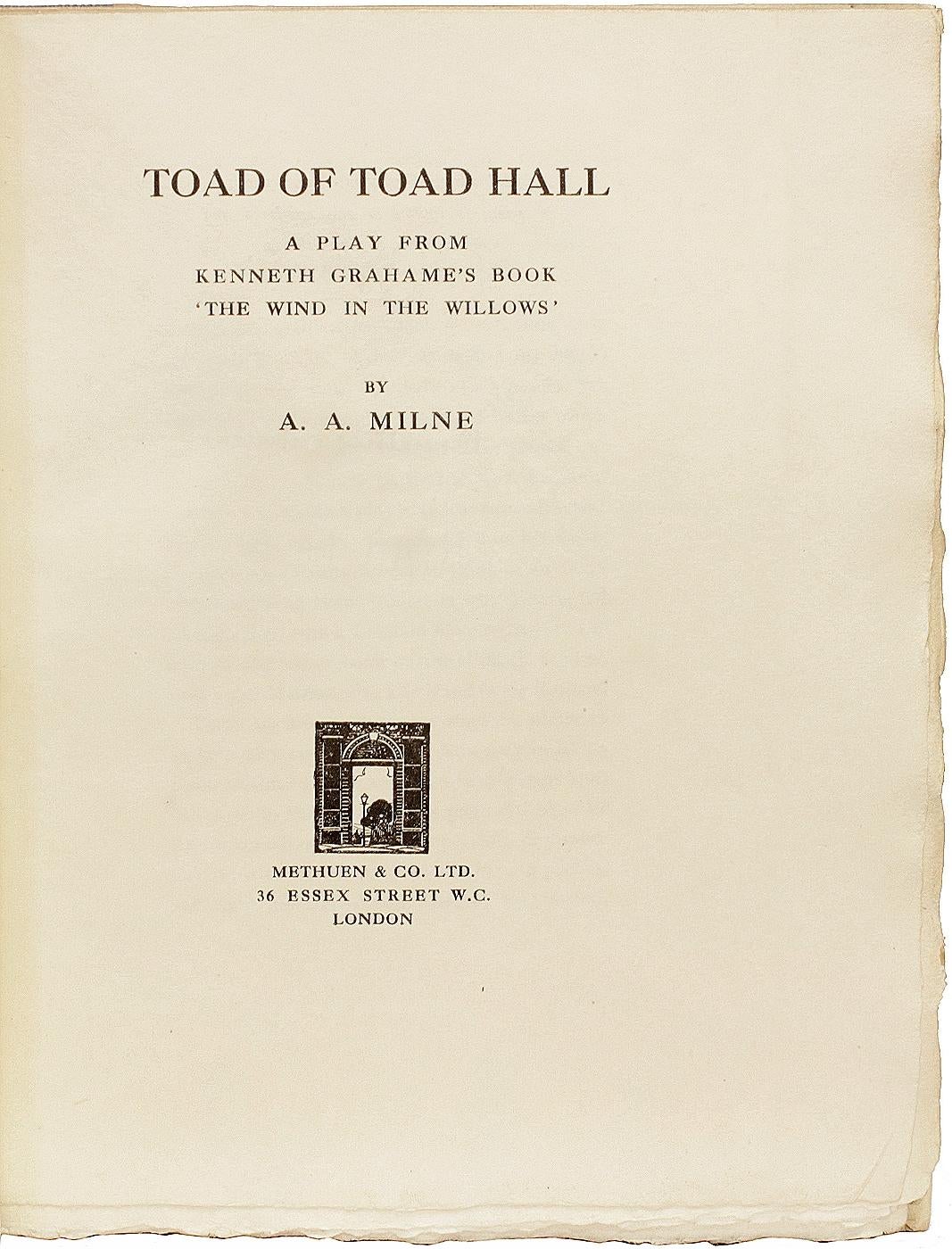 Early 20th Century A. A. MILNE. Toad Of Toad Hall. 1929 - FIRST DELUXE EDITION - SIGNED For Sale
