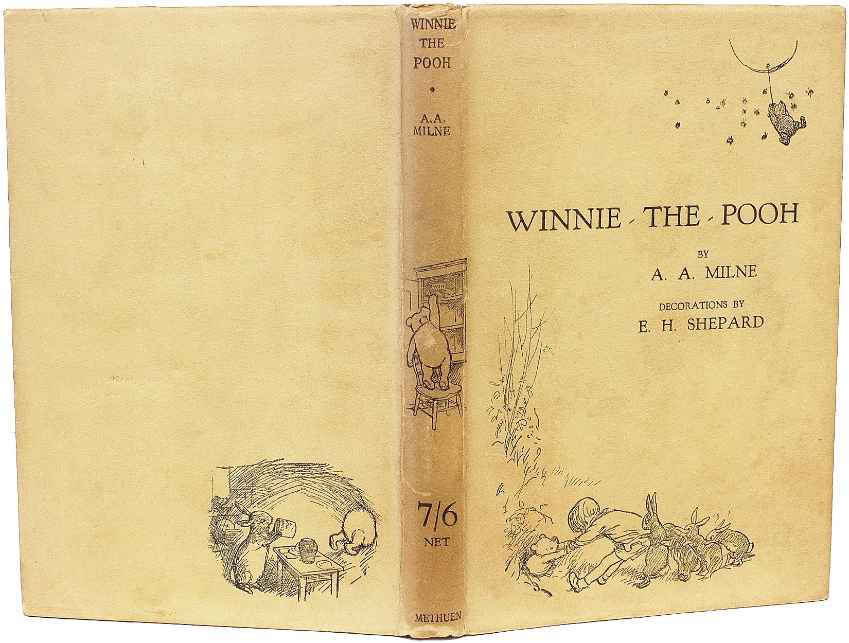 AUTHOR: MILNE. A. A.. 

TITLE: Winnie The Pooh.

PUBLISHER: London: Methuen & Co. Ltd., 1926.

DESCRIPTION: FIRST EDITION FIRST PRINTING WITH THE DJ. 1 volume, illustrated by E. H. Shephard. Bound in the publisher's original gilt stamped green