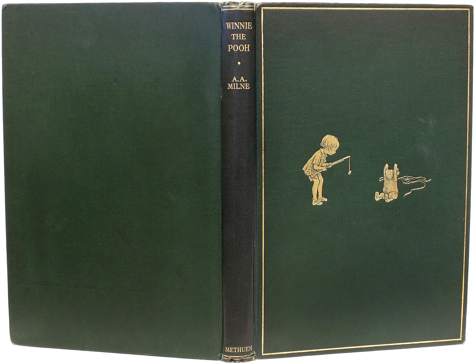 AUTHOR: MILNE, A. A.

TITLE: Winnie The Pooh.

PUBLISHER: London: Methuen & Co. Ltd., 1926.

DESCRIPTION: FIRST EDITION FIRST PRINTING. 1 volume, illustrated by E. H. Shephard. Bound in the publisher's original gilt stamped green cloth, top edge