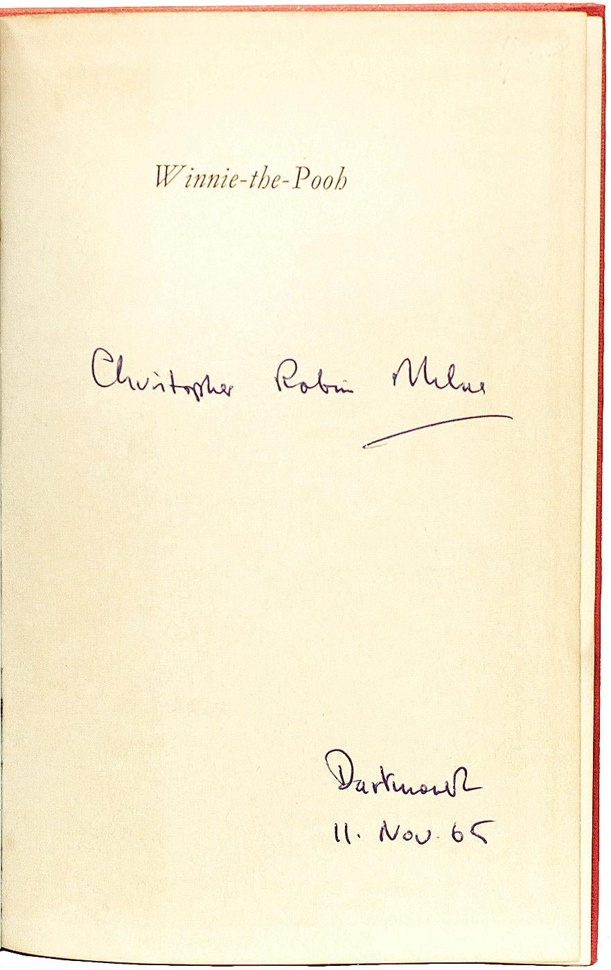 AUTHOR: MILNE, A. A.

TITLE: Winnie The Pooh.

PUBLISHER: London: Methuen & Co., Ltd, 1965.

DESCRIPTION: SIGNED AND DATED BY CHRISTOPHER (ROBIN) MILNE. 1 vol., 7-7/16