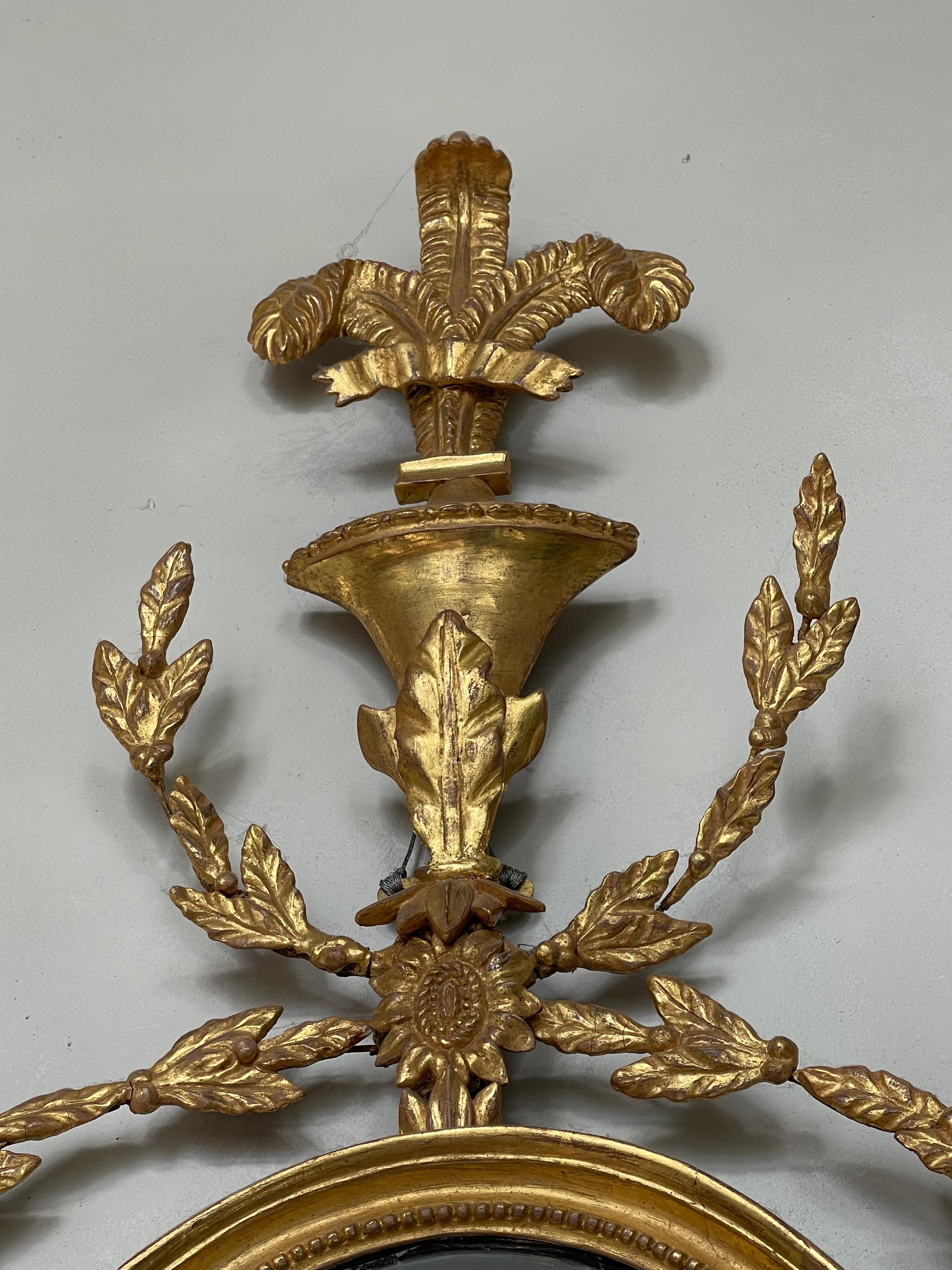 Hand-Carved A a Pair Hand Carved Girandole Gilt Mirrored Wall Sconces Adams Style  For Sale