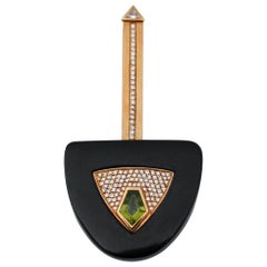 A & A Turner Diamonds, Peridot, Onyx, 18 Karat Yellow Gold Key Shaped Brooch