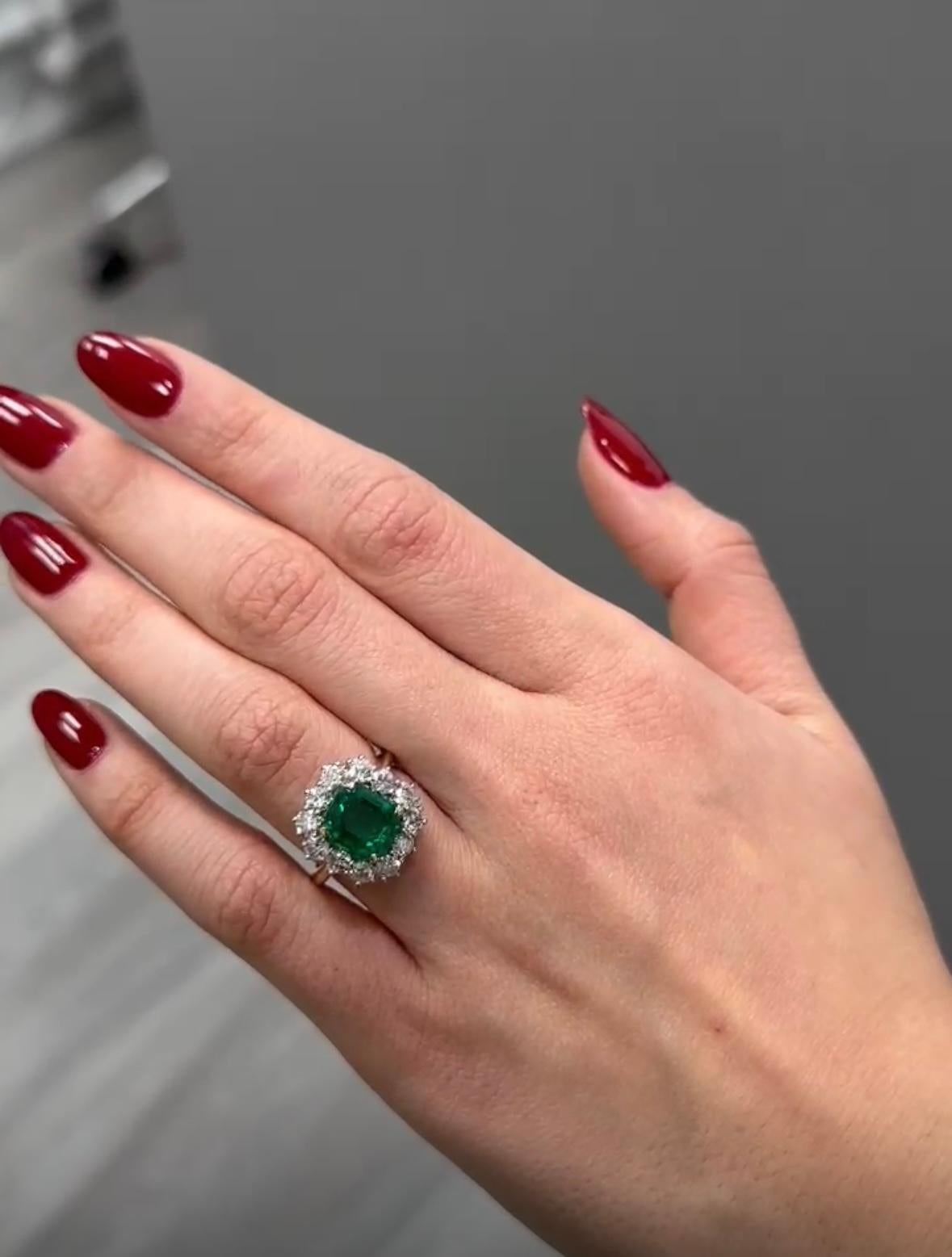 Emerald Cut A AGL Certified 18 karat white gold  2.98 Columbian Emerald Diamond Ring For Sale